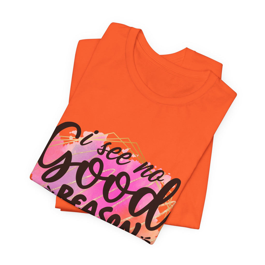 Orange t-shirt with colorful text design on a white background