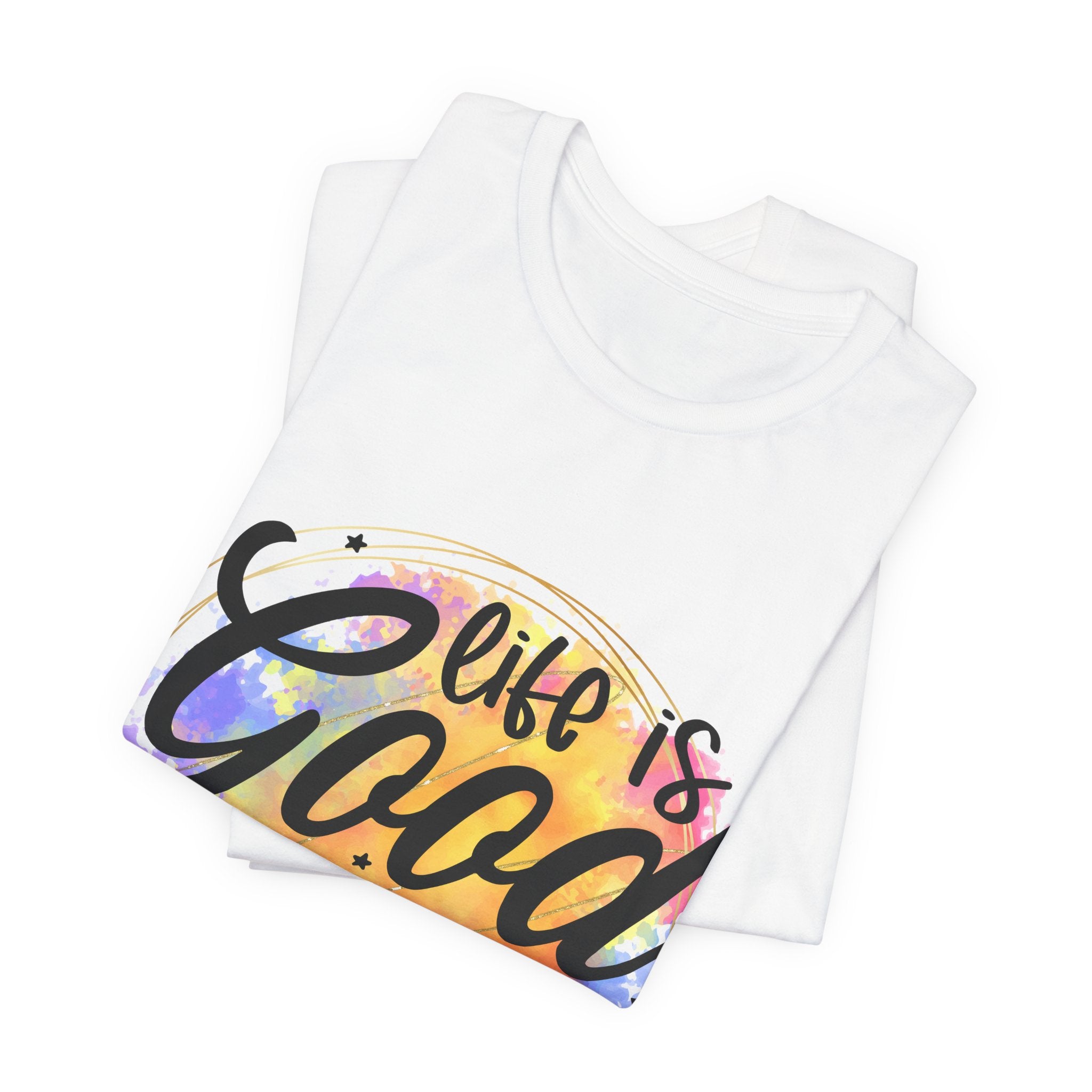 White tank top folded with 'Life is Good' graphic on a white background
