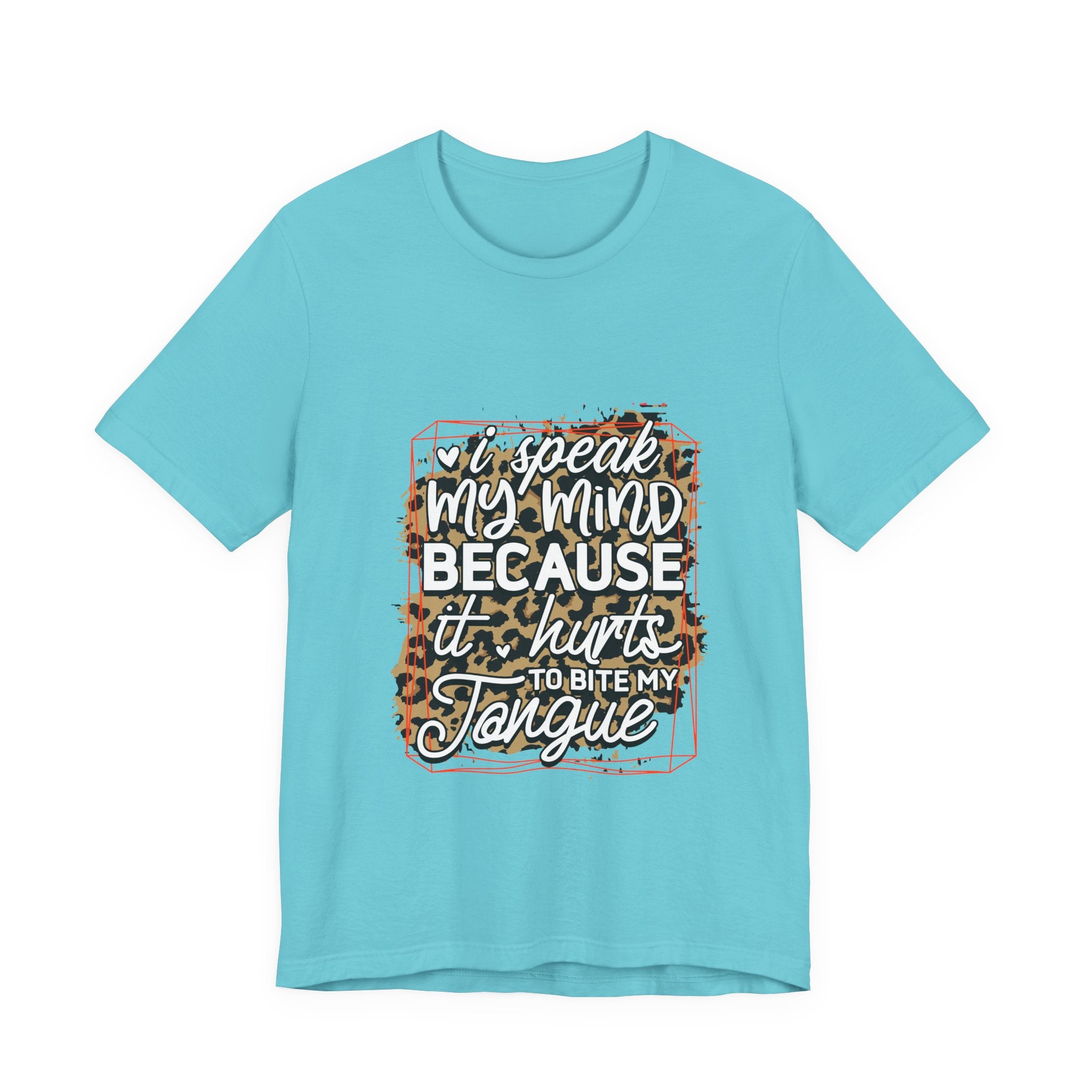 Light blue t-shirt with leopard print and white text on a white background