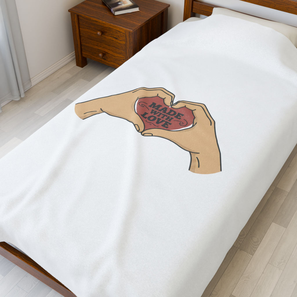 Made With Love Heart Hands Velveteen Plush Blanket — Cozy Gift Throw for Valentine’s Day & Everyday