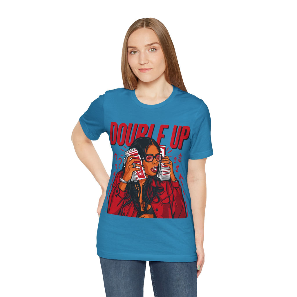 Double Up T-Shirt — Retro Pop Art Woman Holding Cash Graphic Tee