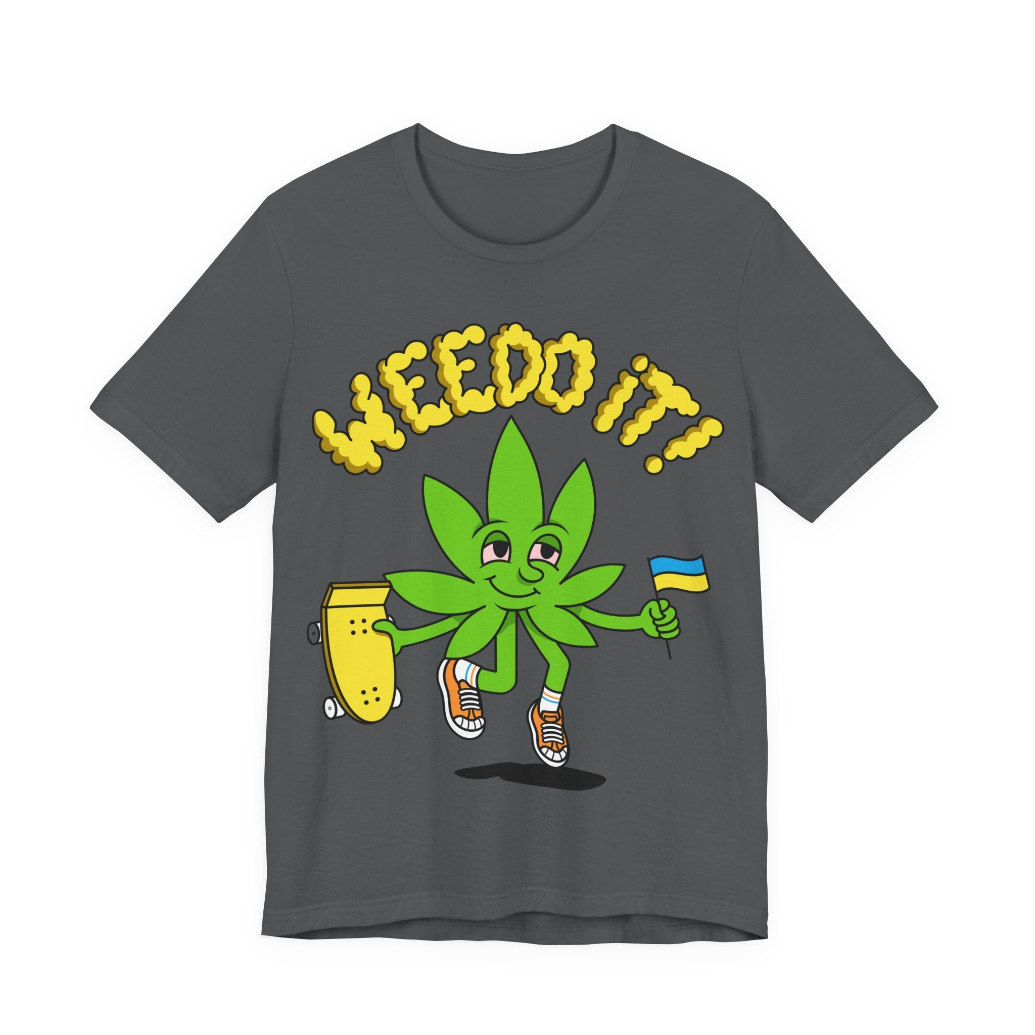 Playful Cannabis Leaf Tee — Cartoon Leaf with Flag & 'Puffs' Lettering