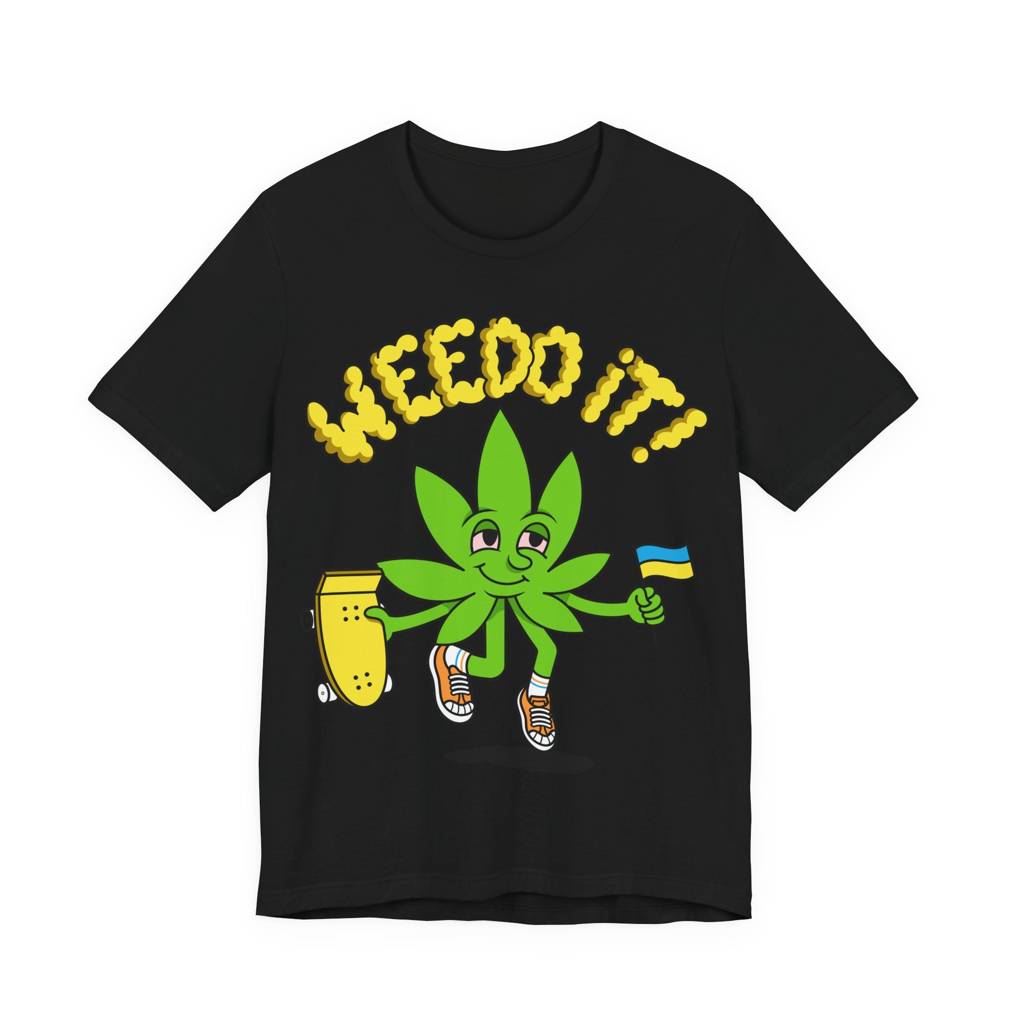 Playful Cannabis Leaf Tee — Cartoon Leaf with Flag & 'Puffs' Lettering