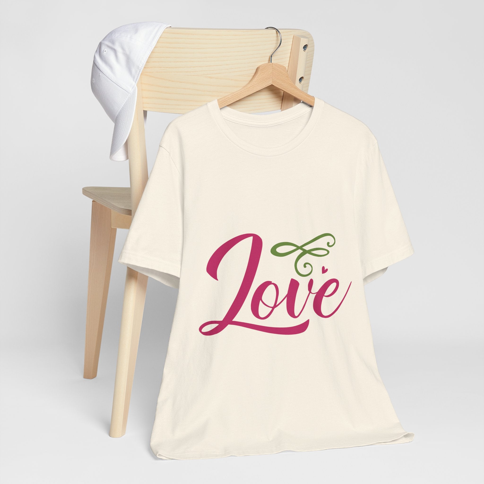 Love Script T-Shirt — Pink & Green Heart Graphic Tee for Valentine’s Day