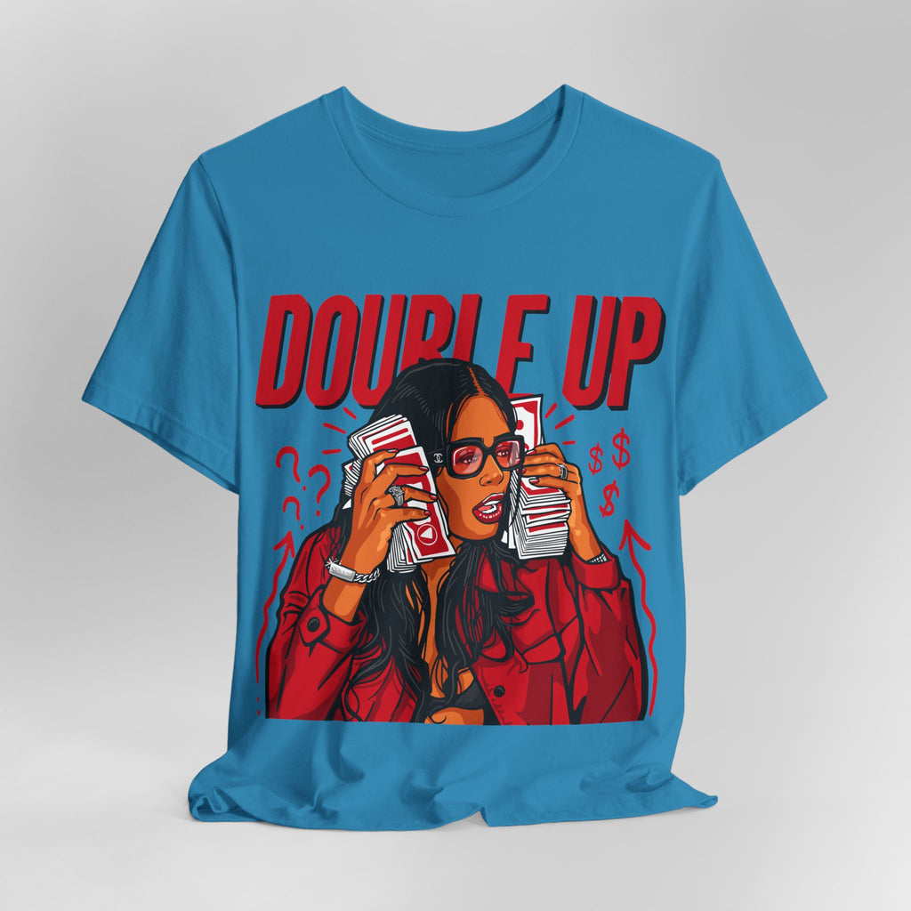 Double Up T-Shirt — Retro Pop Art Woman Holding Cash Graphic Tee