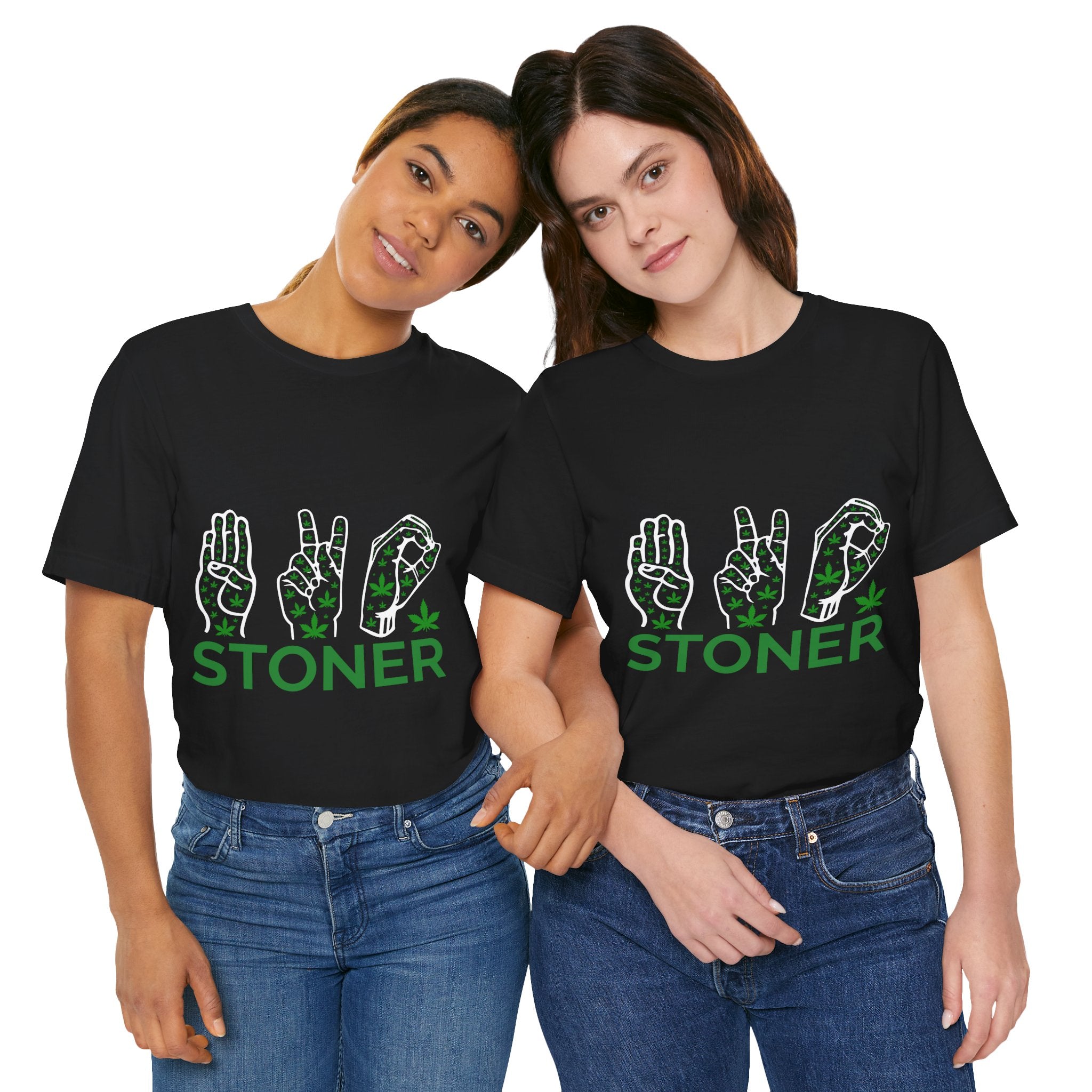 Stoner Hand-Sign Graphic Tee — Playful Green Print on Orange