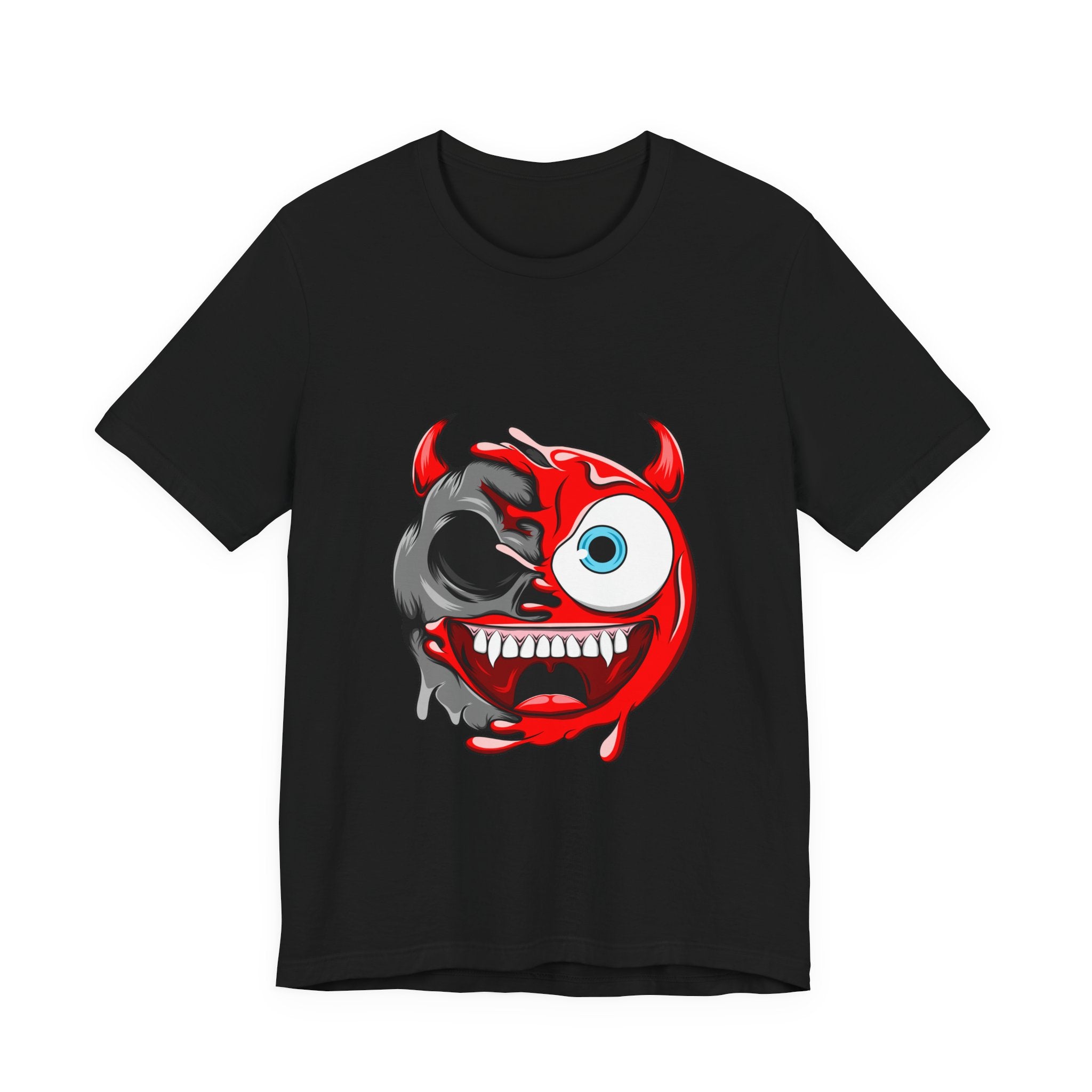 Devil Emoji Face T-Shirt — Creepy Red Split Skull Graphic Tee