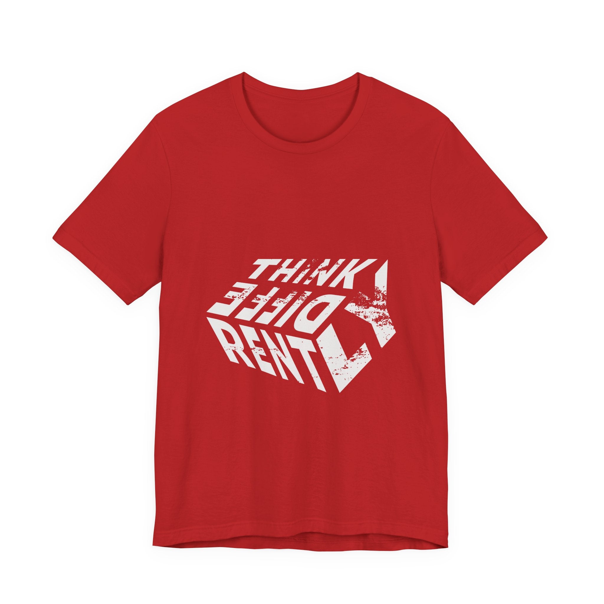 Think Different Twist Tee — Retro Optical Text Graphic T-Shirt