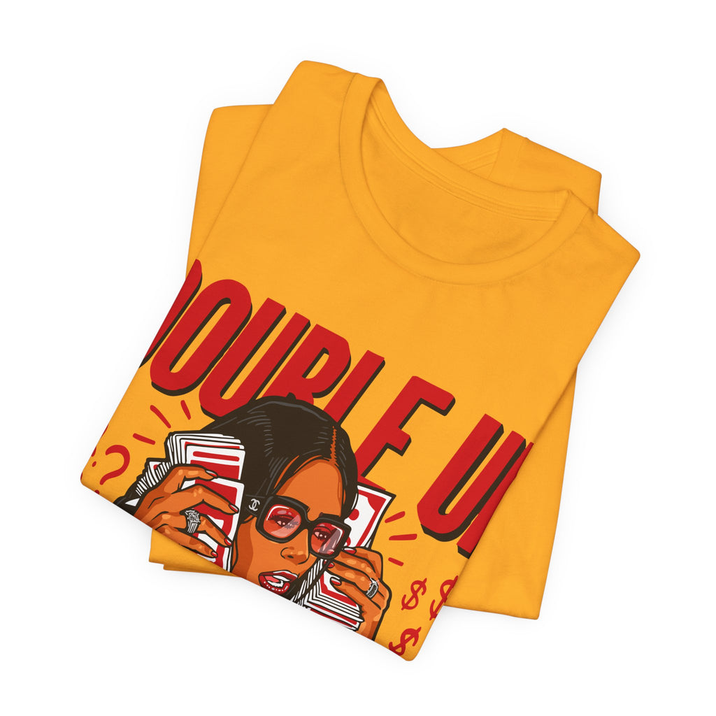 Double Up T-Shirt — Retro Pop Art Woman Holding Cash Graphic Tee