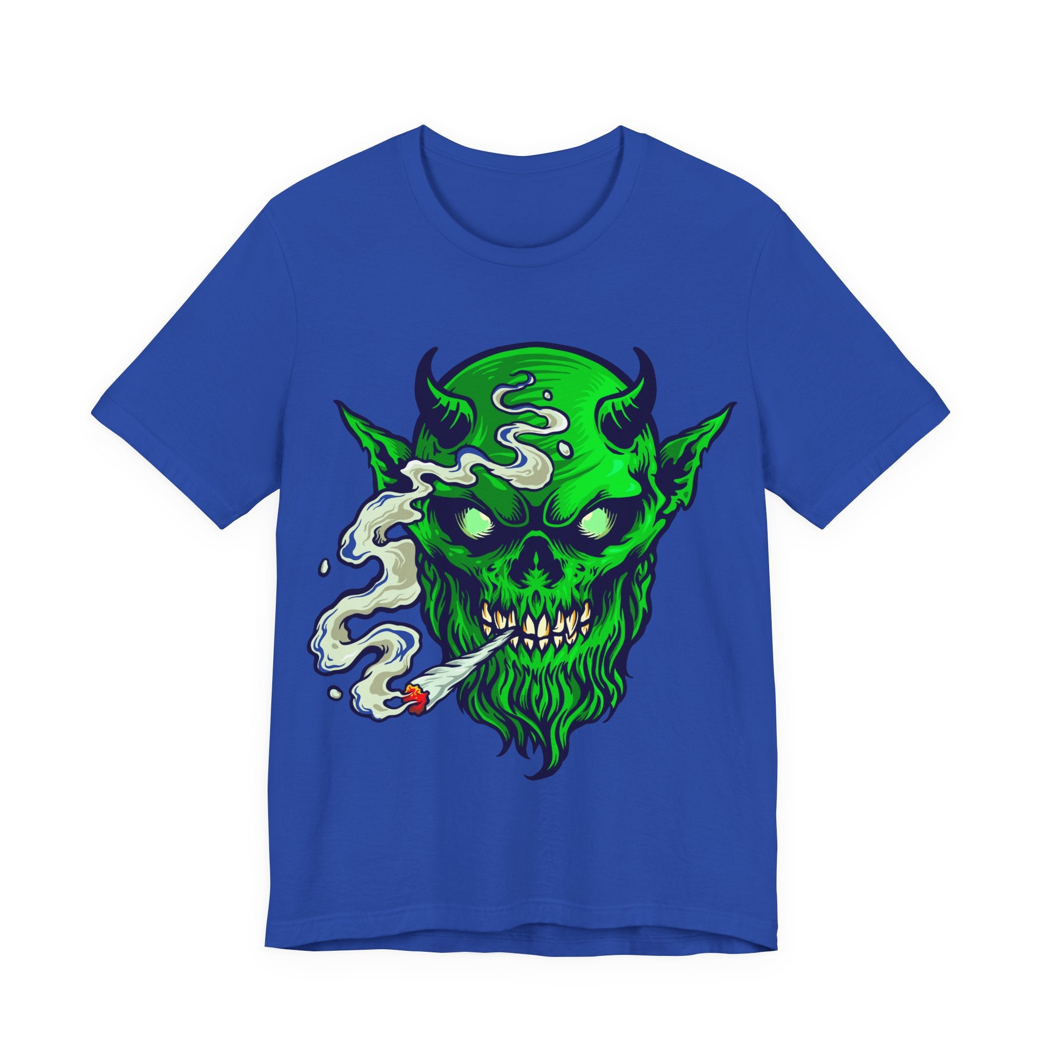 Smoking Demon Skull Tee — Neon Green Skull Graphic T-Shirt for Goth & Streetwear