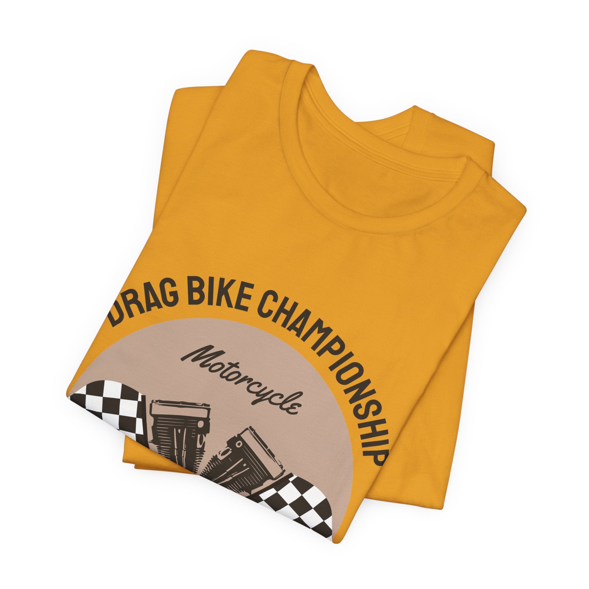 Drag Bike Championship Motorcycle T‑Shirt — Racing V‑Twin Design with Checkered Flags