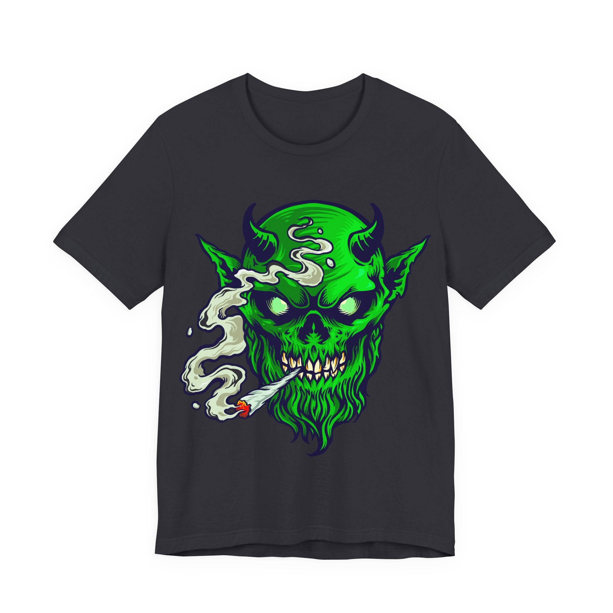 Smoking Demon Skull Tee — Neon Green Skull Graphic T-Shirt for Goth & Streetwear