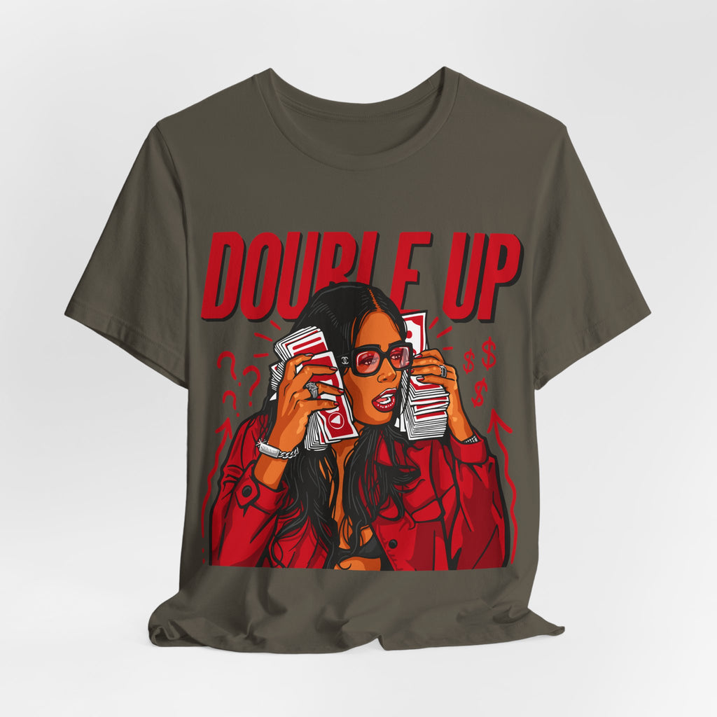 Double Up T-Shirt — Retro Pop Art Woman Holding Cash Graphic Tee