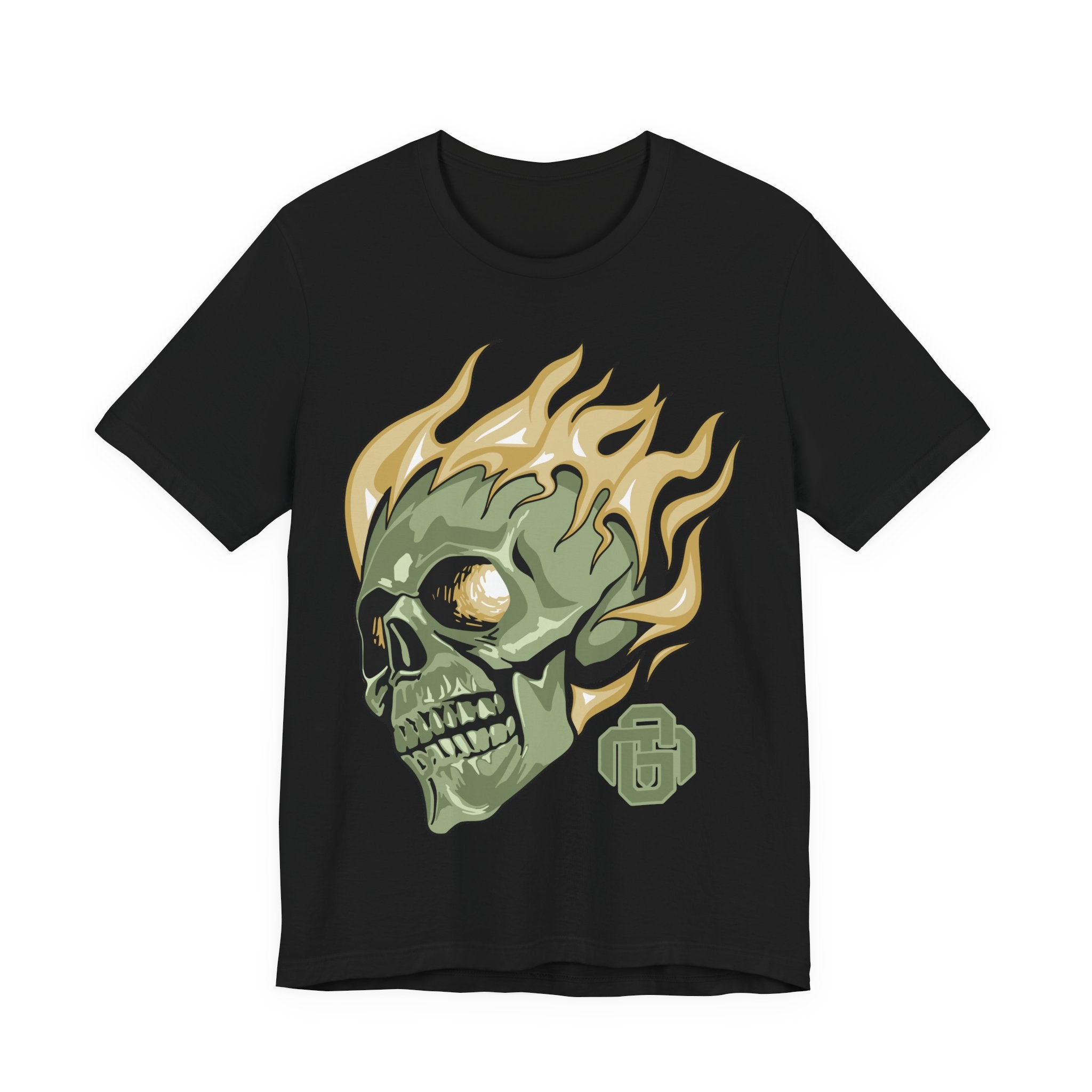 Flaming Green Skull Tee — Gothic Horror Graphic T-Shirt