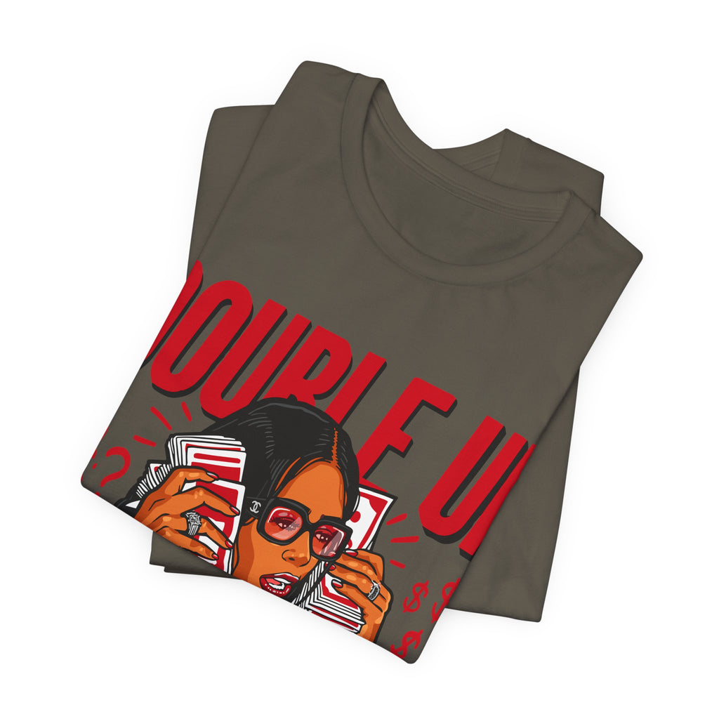 Double Up T-Shirt — Retro Pop Art Woman Holding Cash Graphic Tee