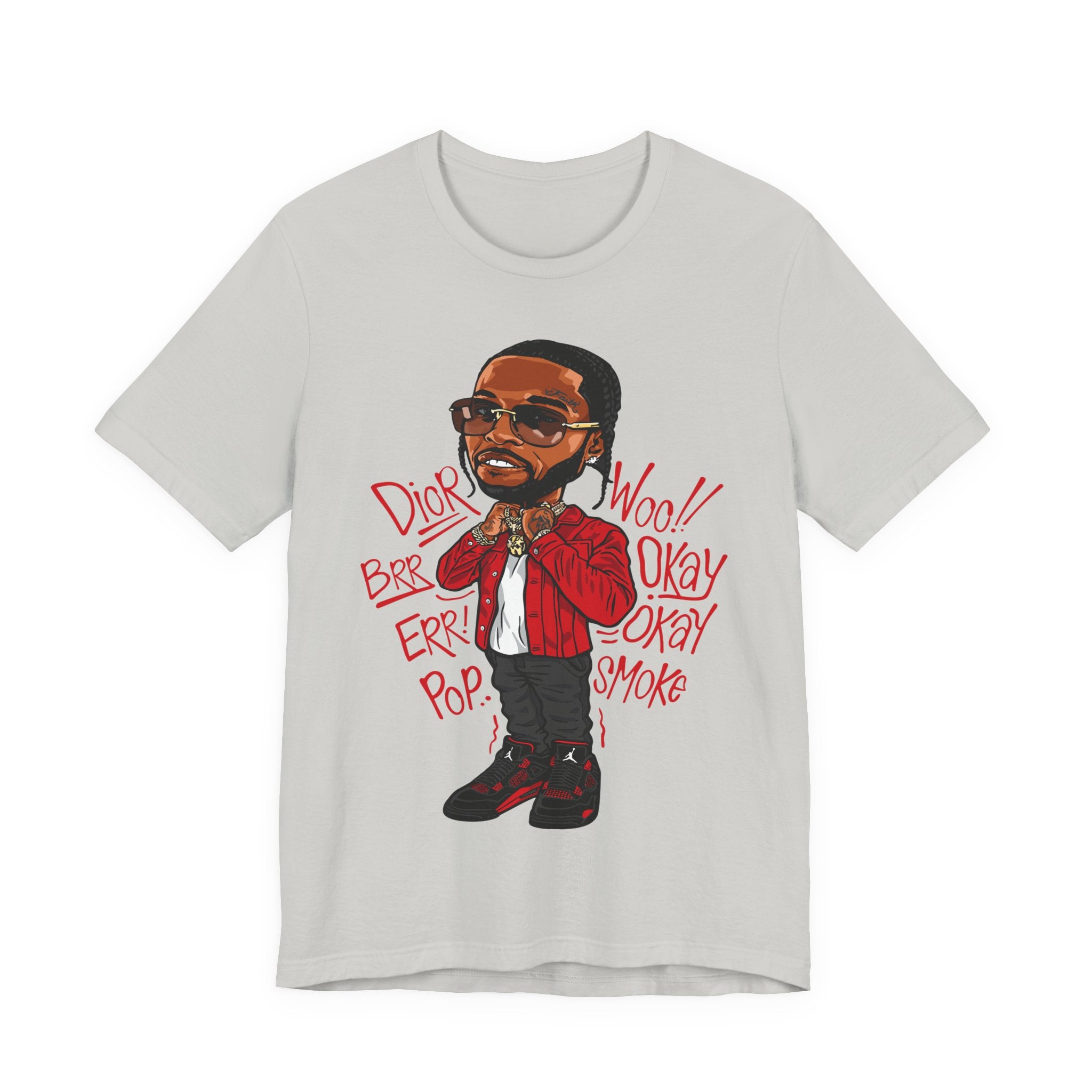 Hip-Hop Cartoon Tee — Red Jacket Rapper Illustration with Lyrics