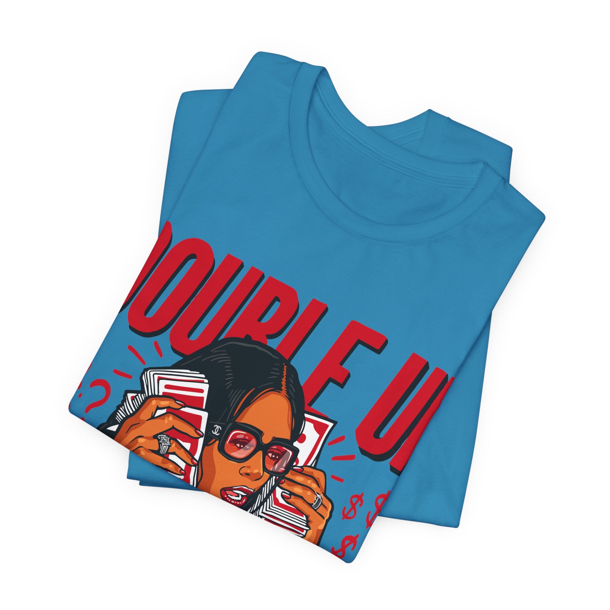 Double Up T-Shirt — Retro Pop Art Woman Holding Cash Graphic Tee