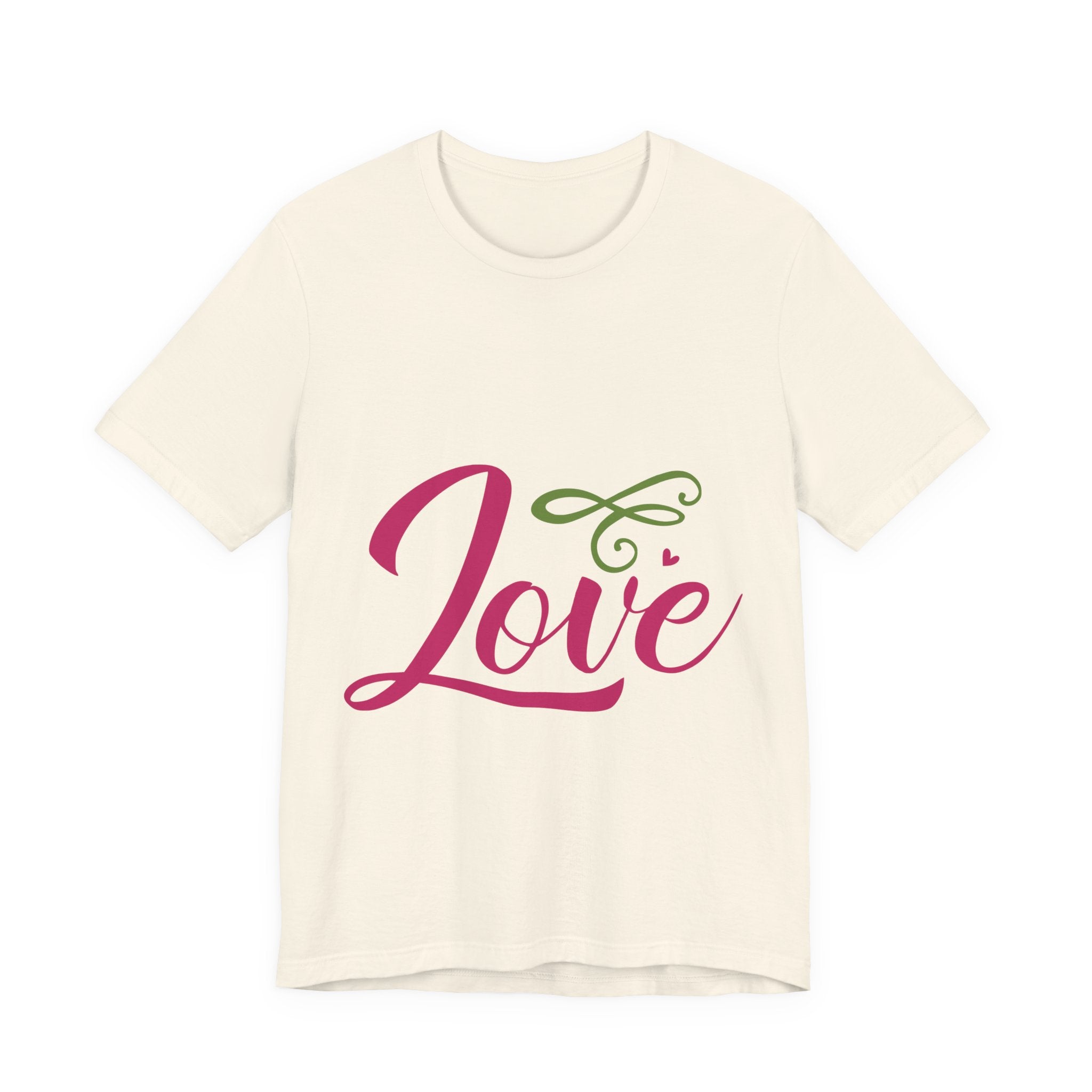Love Script T-Shirt — Pink & Green Heart Graphic Tee for Valentine’s Day