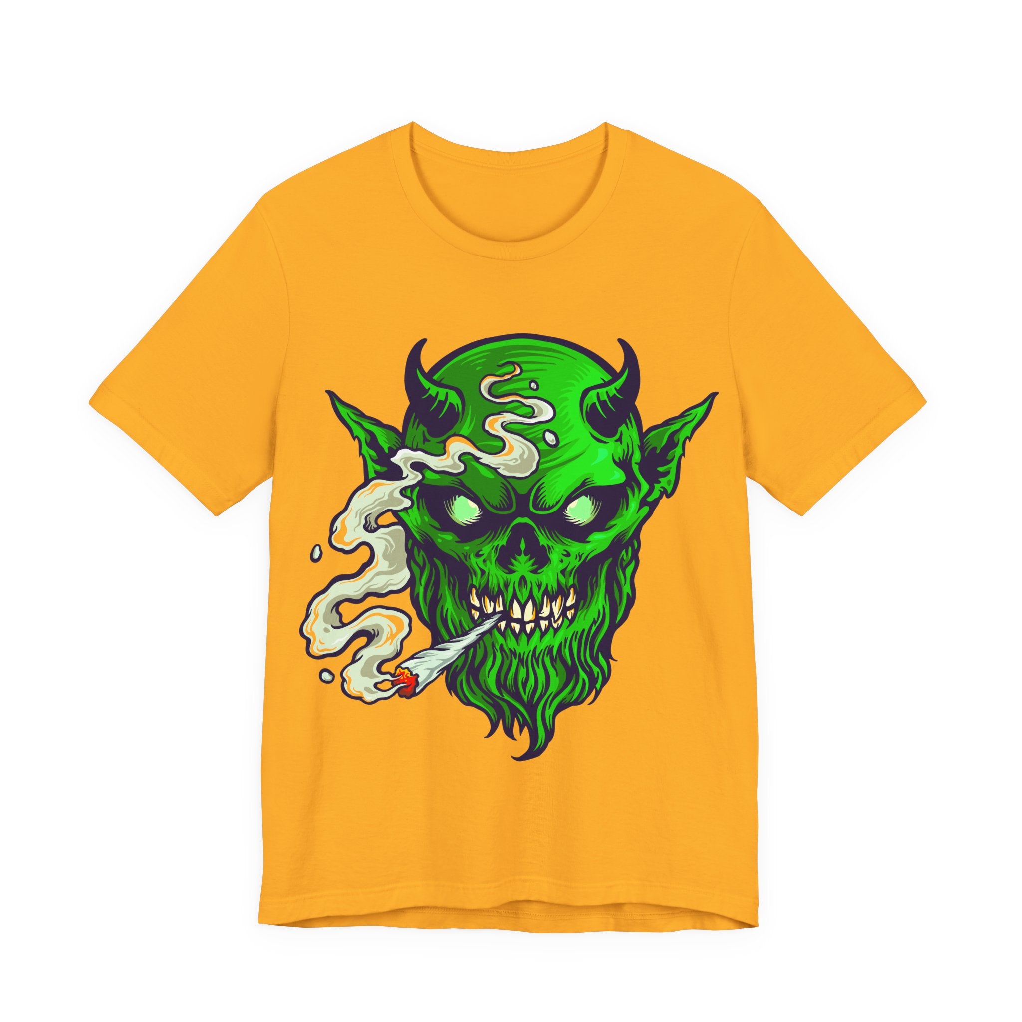 Smoking Demon Skull Tee — Neon Green Skull Graphic T-Shirt for Goth & Streetwear