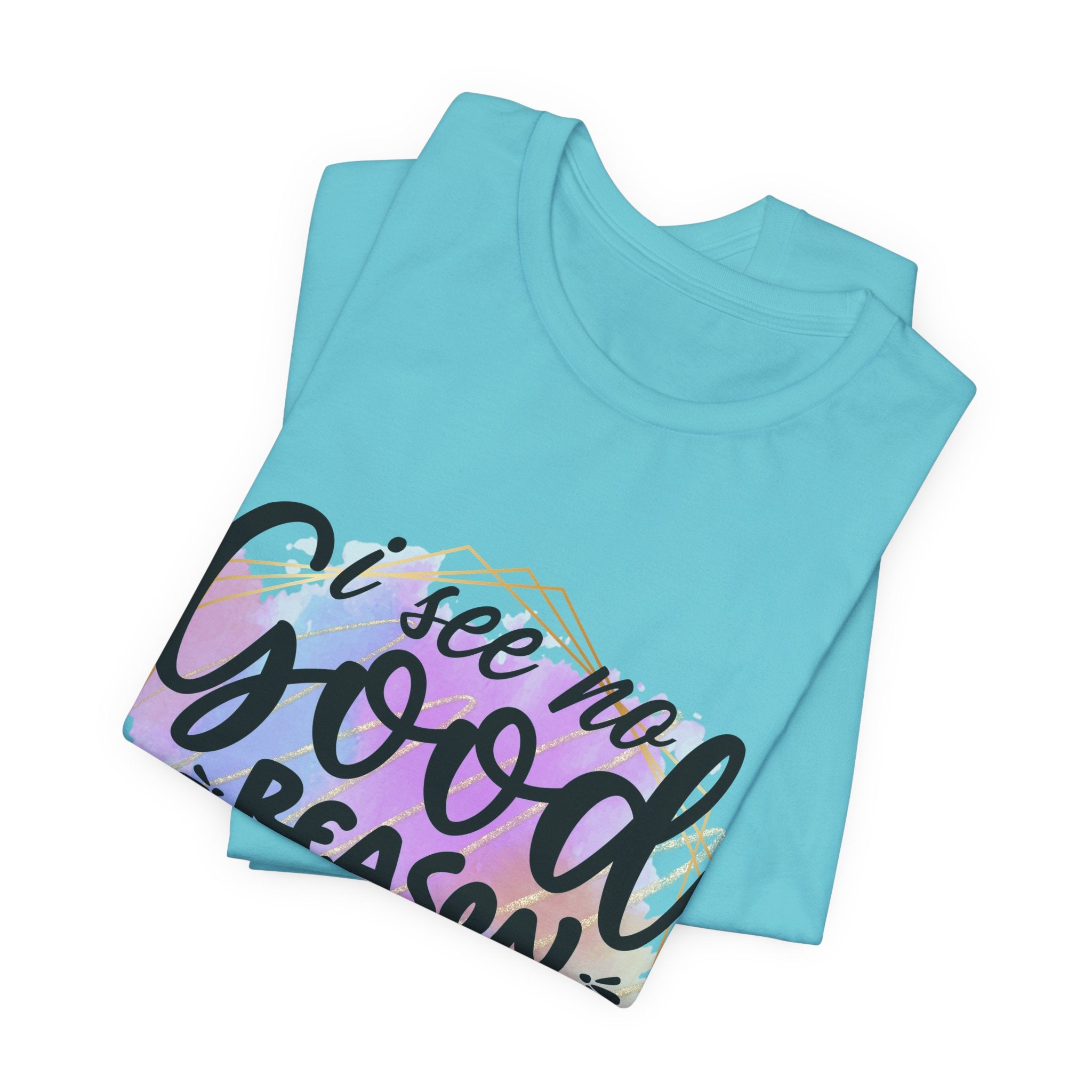 Folded light blue t-shirt with colorful text design on a white background