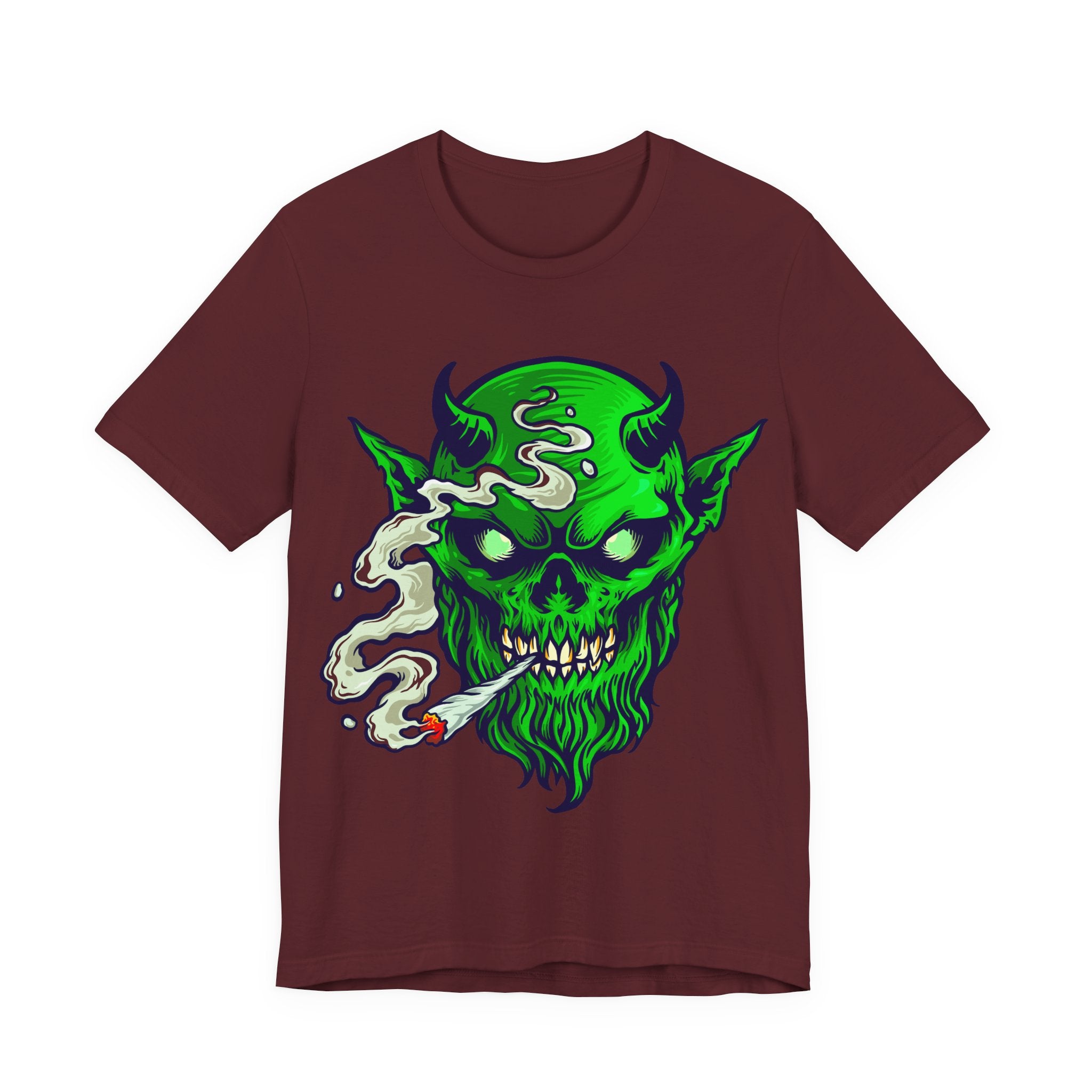 Smoking Demon Skull Tee — Neon Green Skull Graphic T-Shirt for Goth & Streetwear