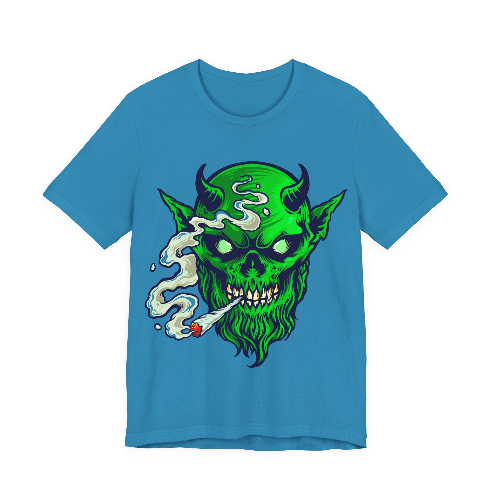 Smoking Demon Skull Tee — Neon Green Skull Graphic T-Shirt for Goth & Streetwear
