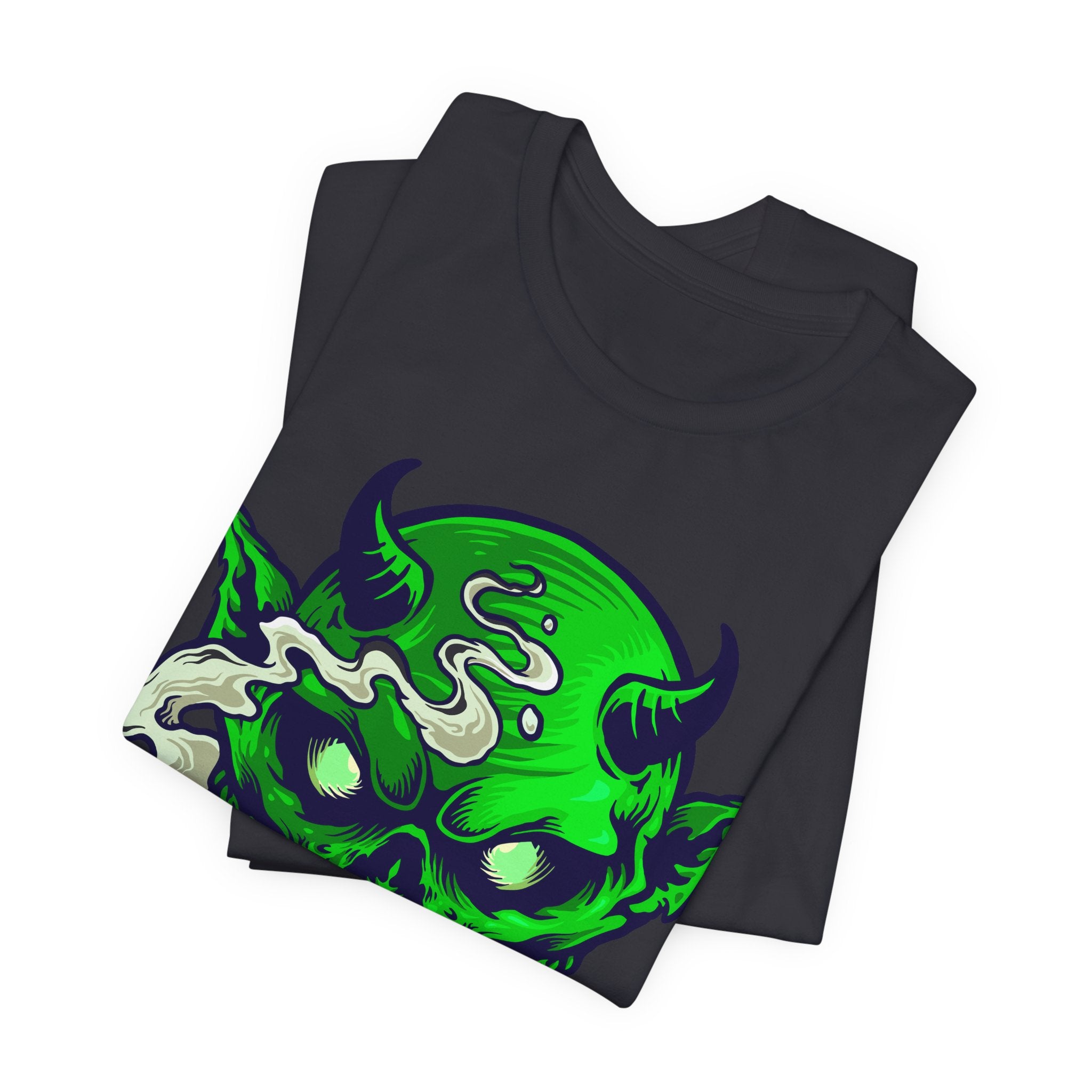Smoking Demon Skull Tee — Neon Green Skull Graphic T-Shirt for Goth & Streetwear