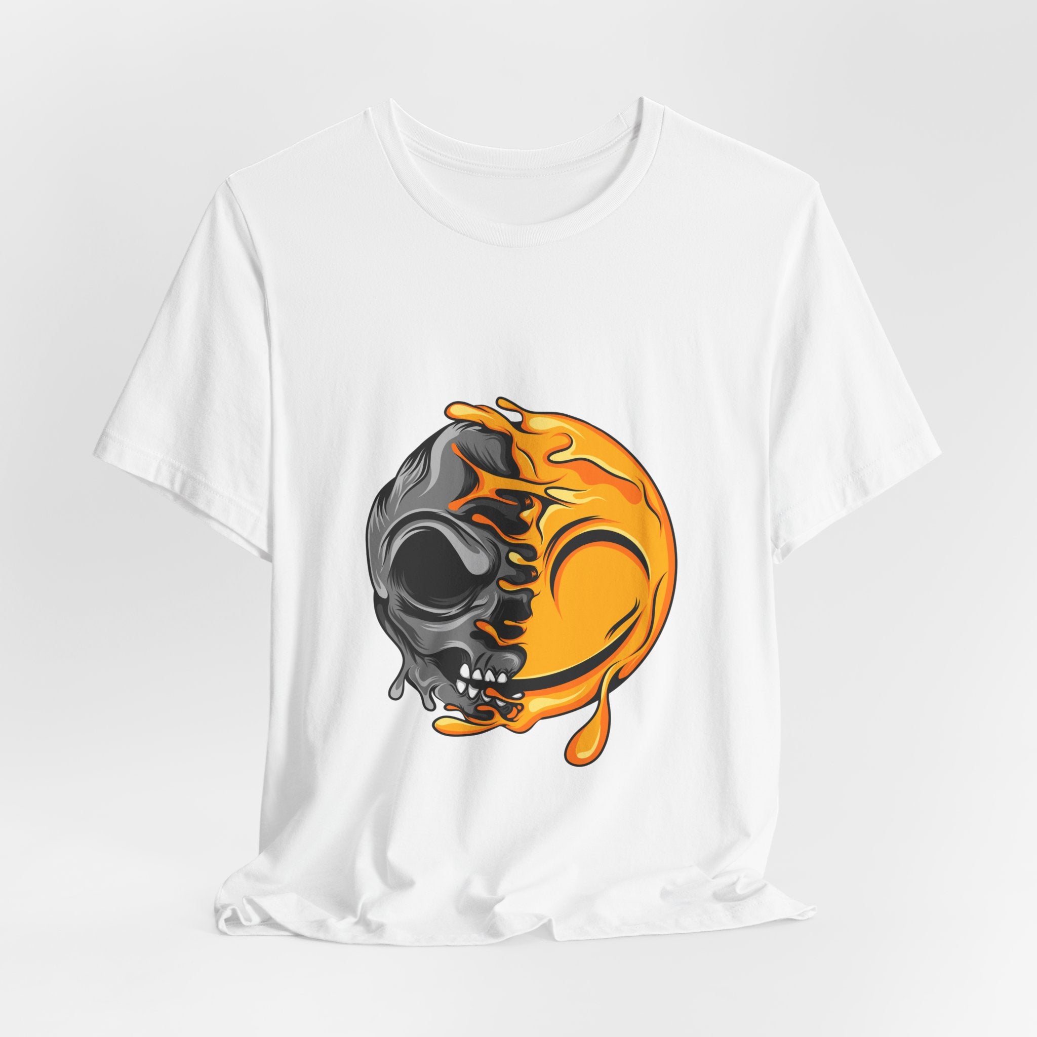 Melting Skull Sun T-Shirt – Half Black Skull, Half Dripping Yellow Sun Graphic Tee