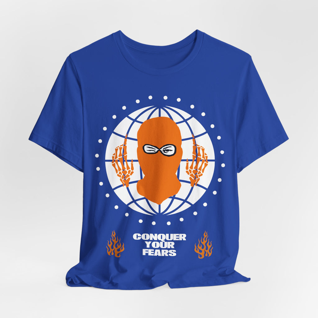 Balaclava Globe Graphic Tee — "Face What Scares You" Streetwear T-Shirt