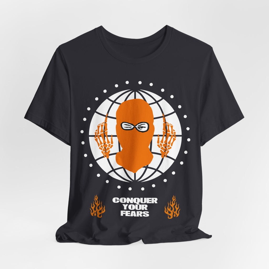 Balaclava Globe Graphic Tee — "Face What Scares You" Streetwear T-Shirt