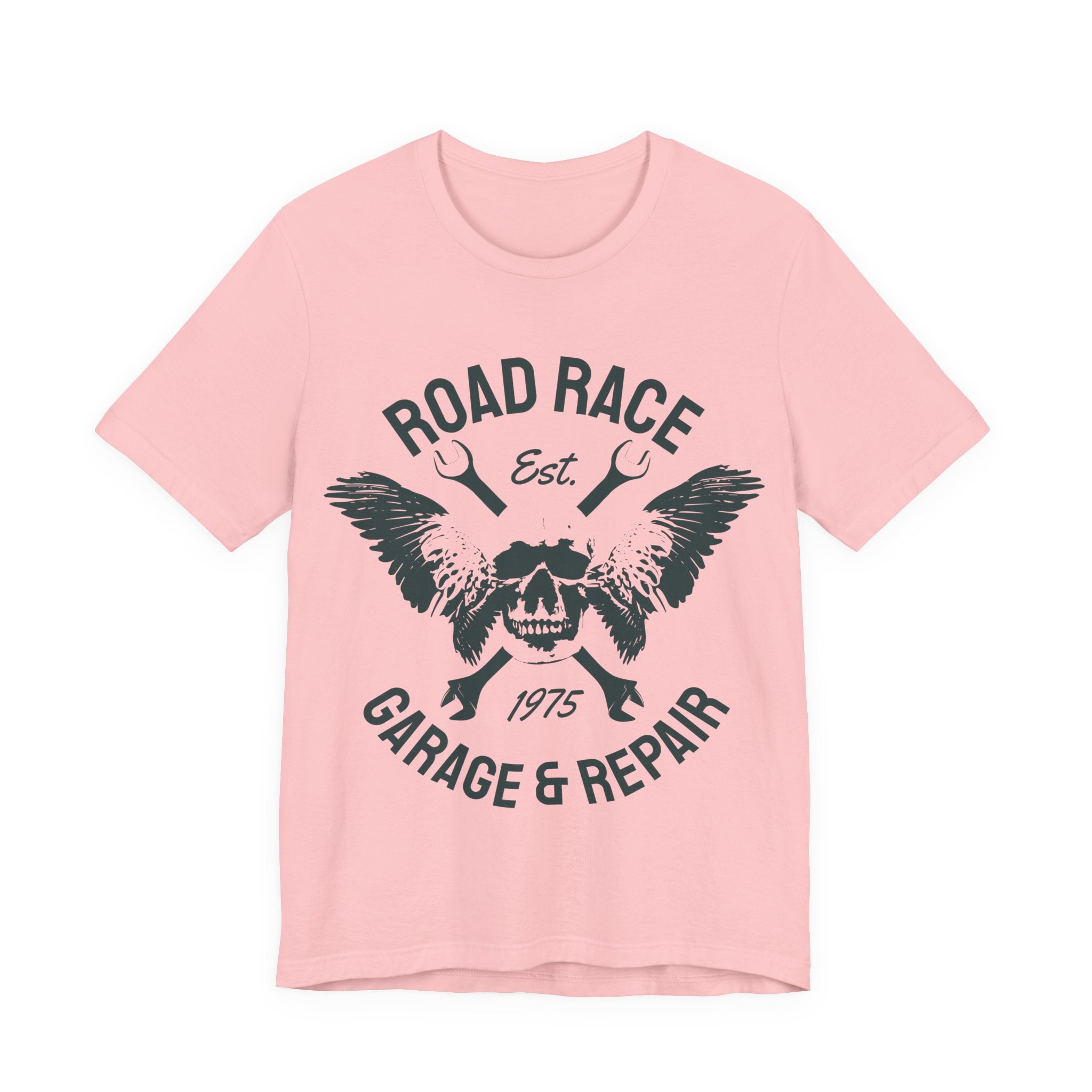 Road Race Garage & Repair Tee — Vintage Motorcycle Skull Mechanics Shirt