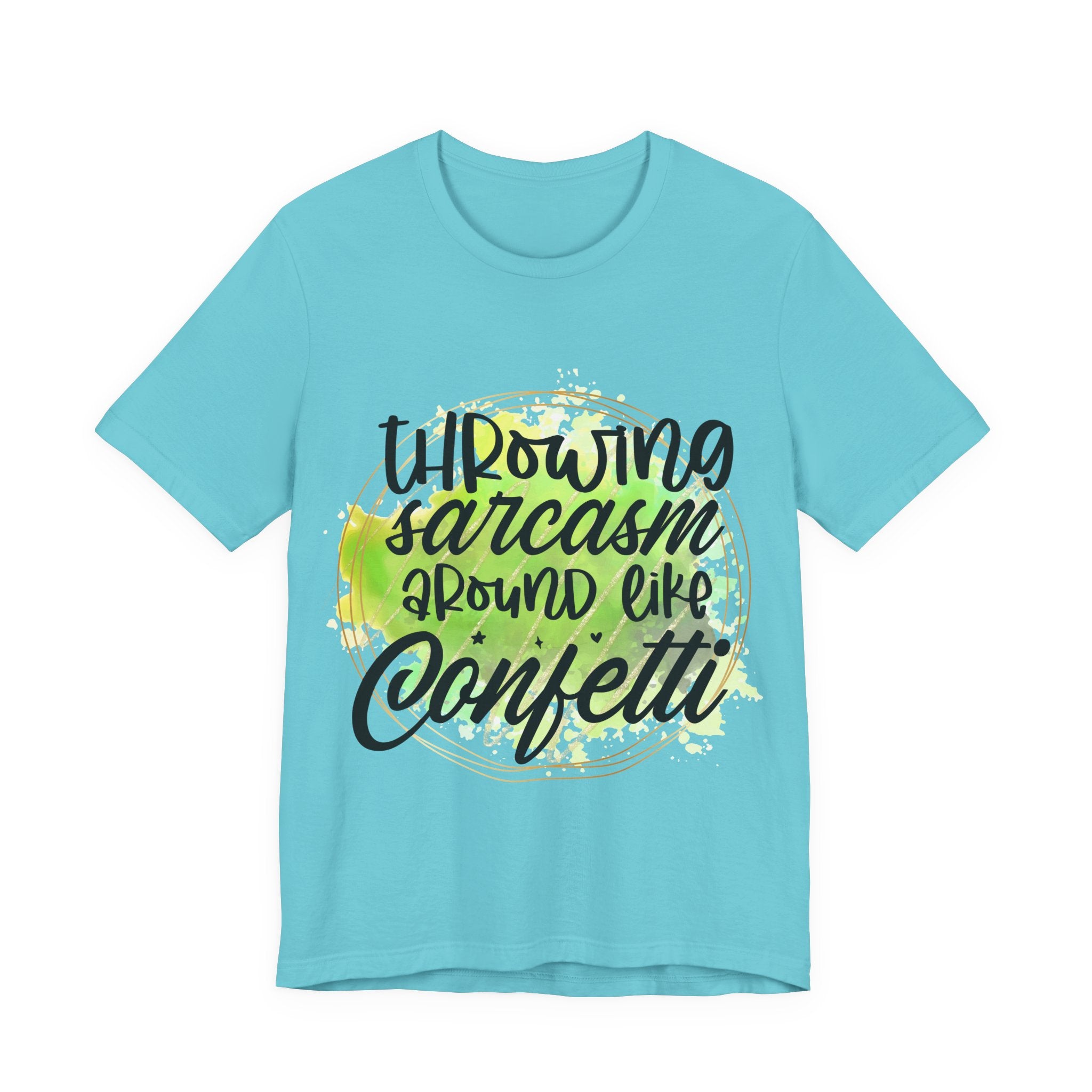 Light blue t-shirt with black and green text on a white background