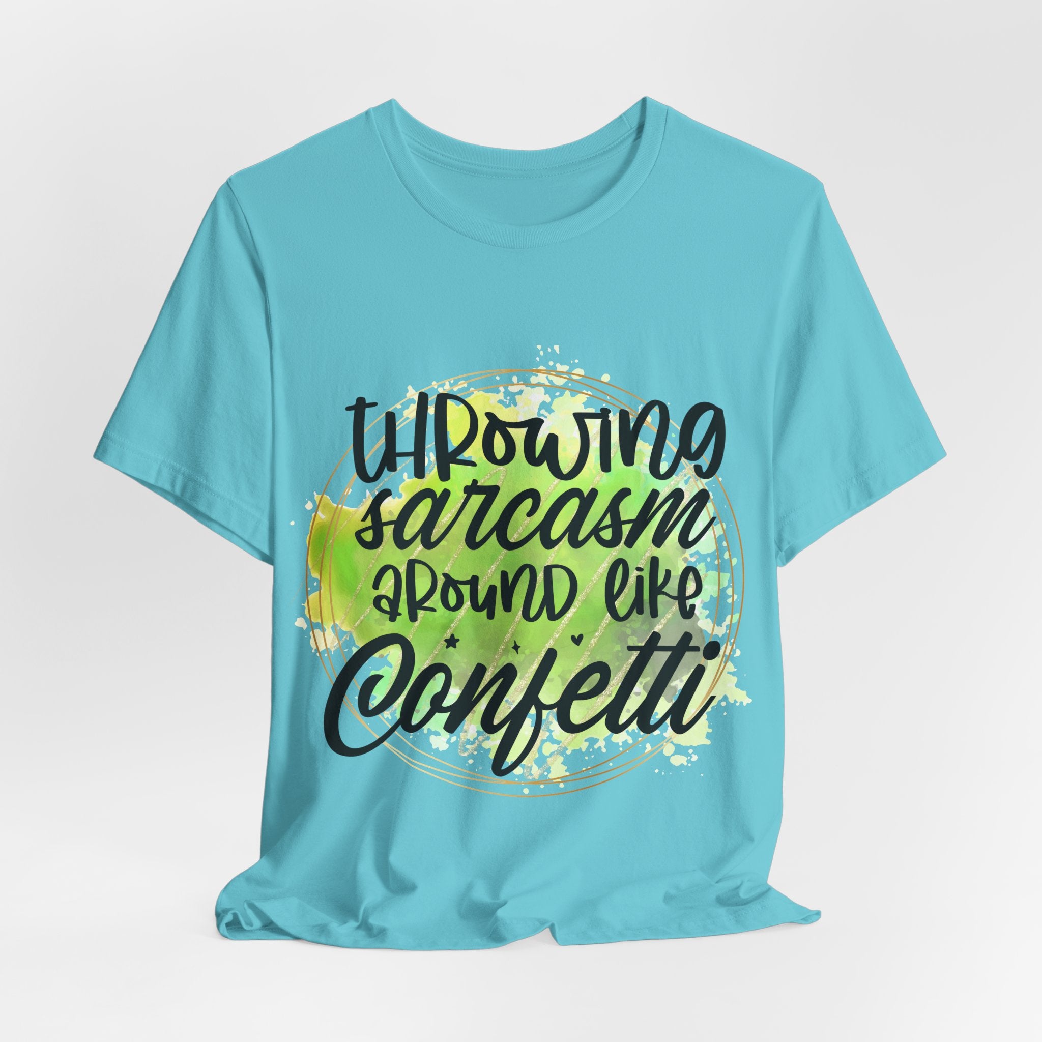 Turquoise t-shirt with black and green text on a white background