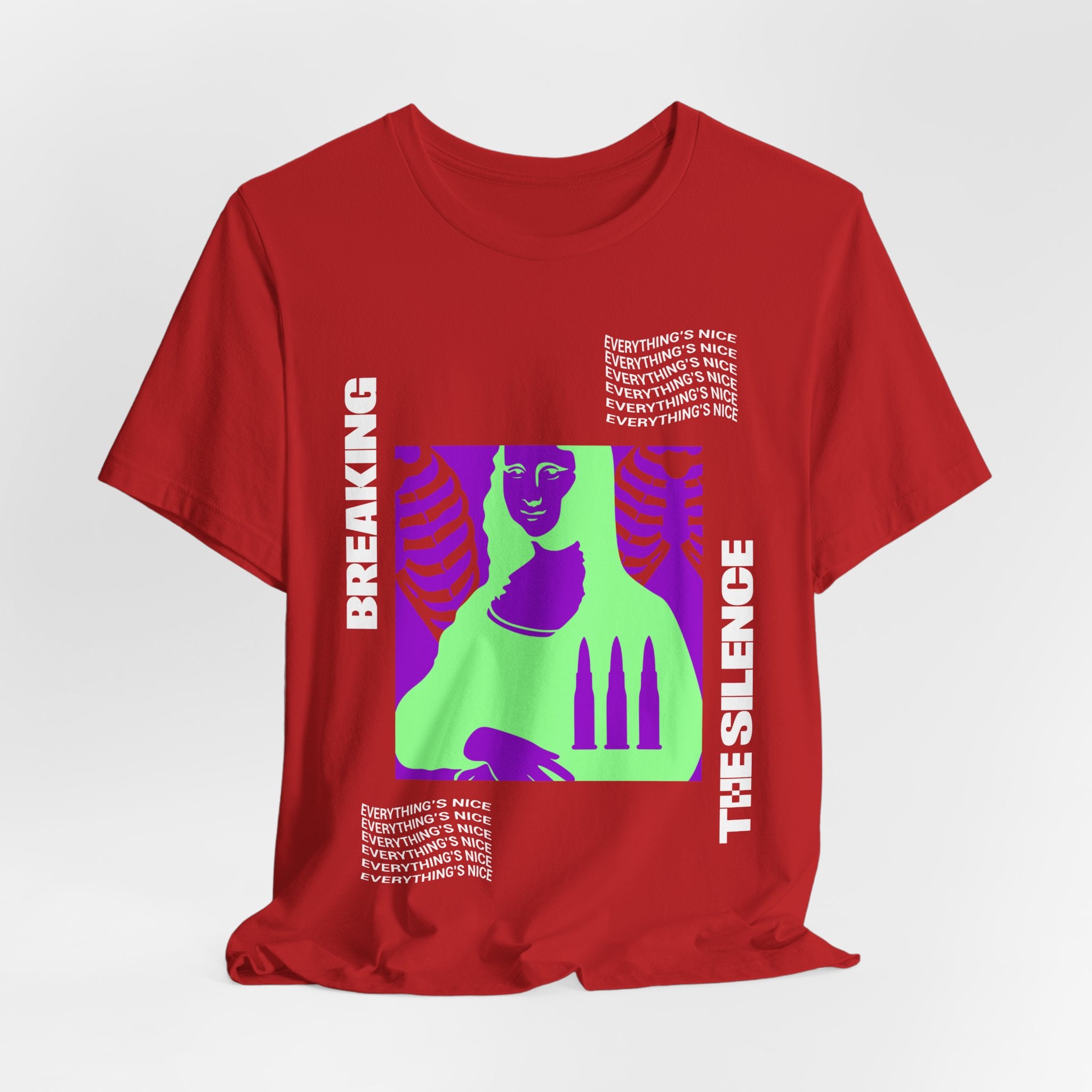 Breaking the Silence Mona Lisa Graphic Tee — Bold Neon Protest Art T-Shirt