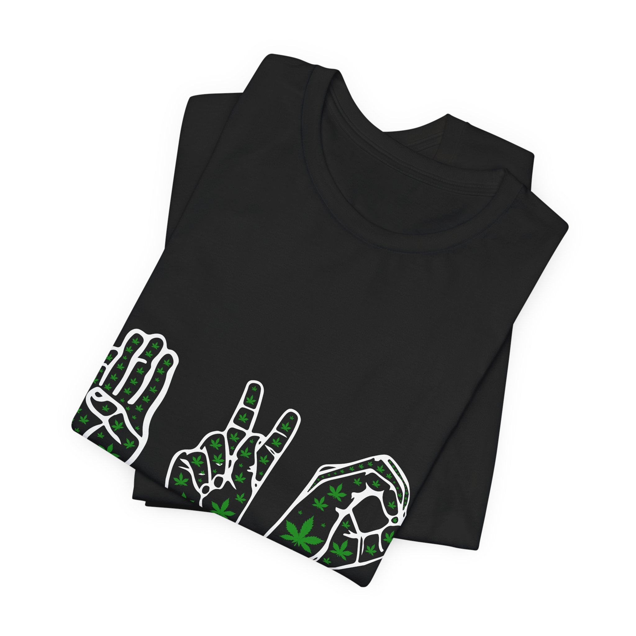 Stoner Hand-Sign Graphic Tee — Playful Green Print on Orange