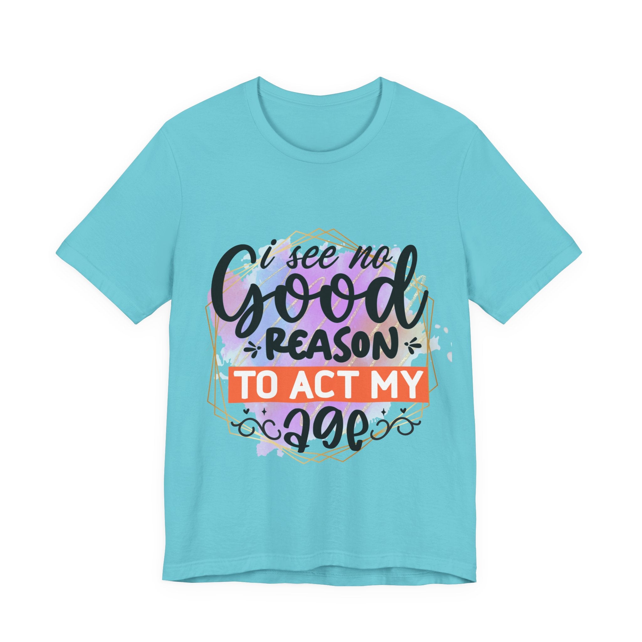 Light blue t-shirt with colorful text design on a white background