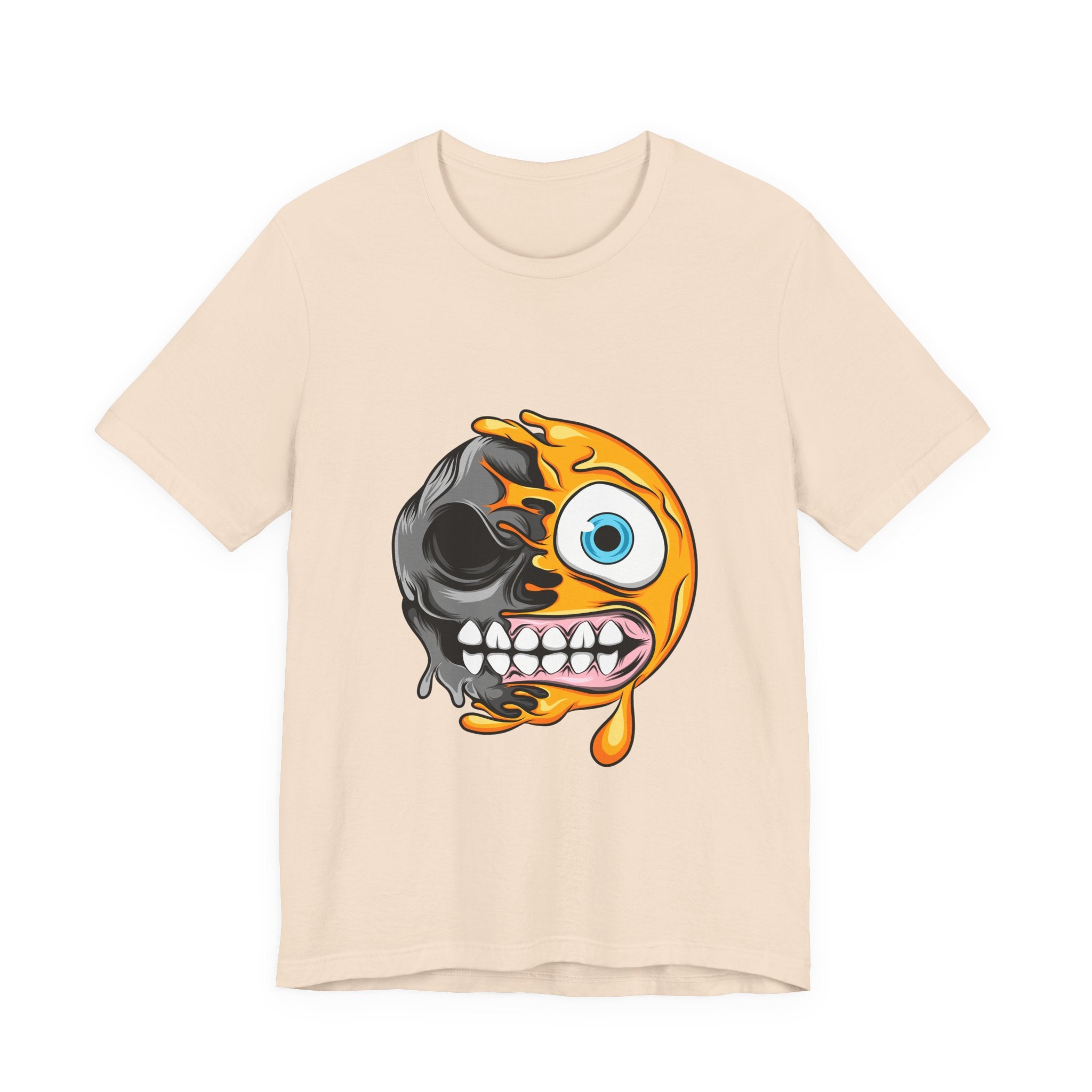 Melting Emoji Skull T‑Shirt — Half Smile, Half Skull Graphic Tee
