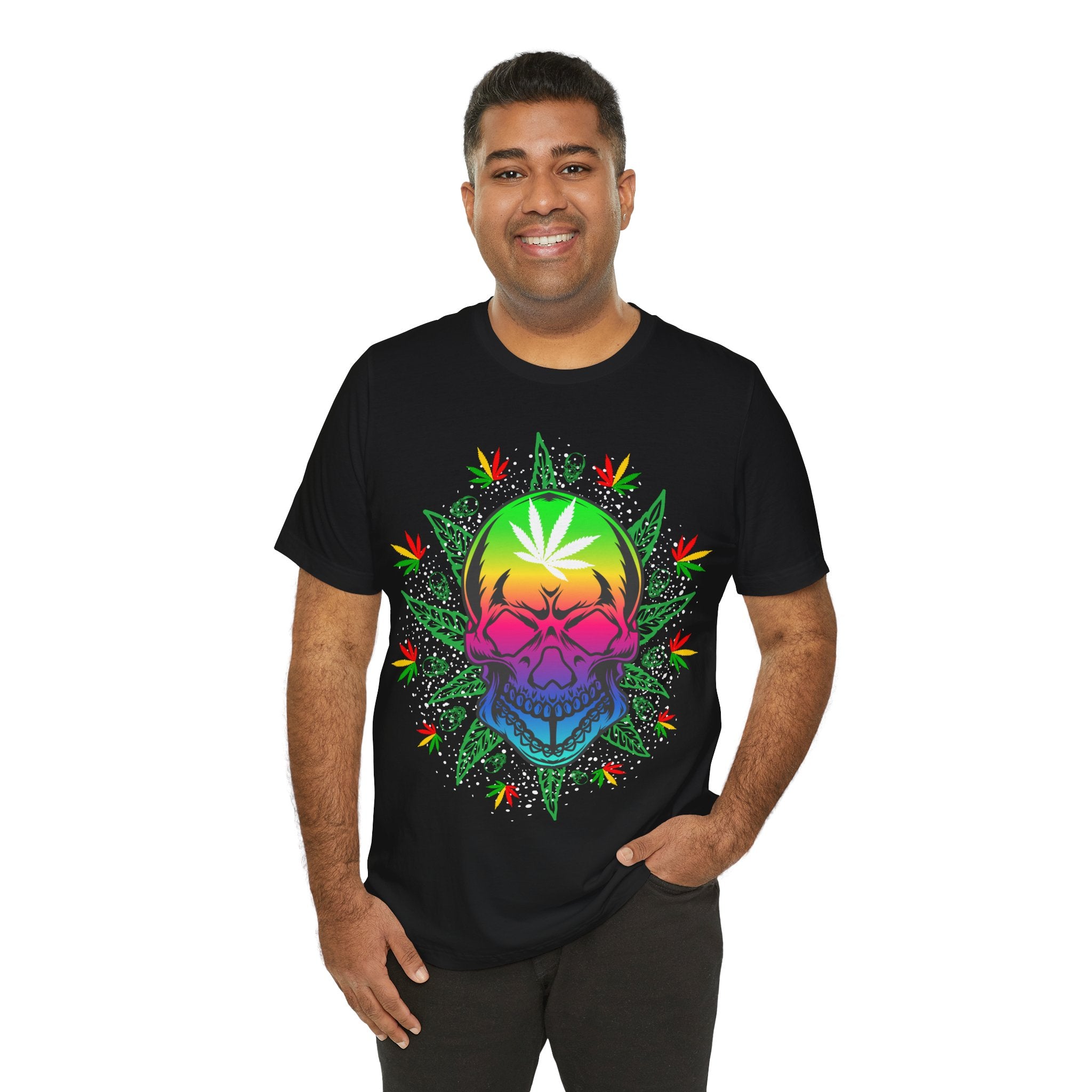 Rasta Rainbow Skull T‑Shirt — Cannabis Leaf Psychedelic Tee