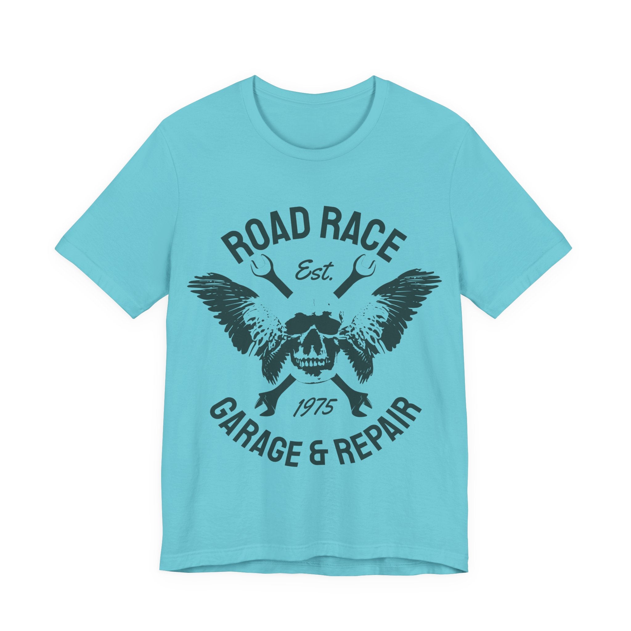 Road Race Garage & Repair Tee — Vintage Motorcycle Skull Mechanics Shirt
