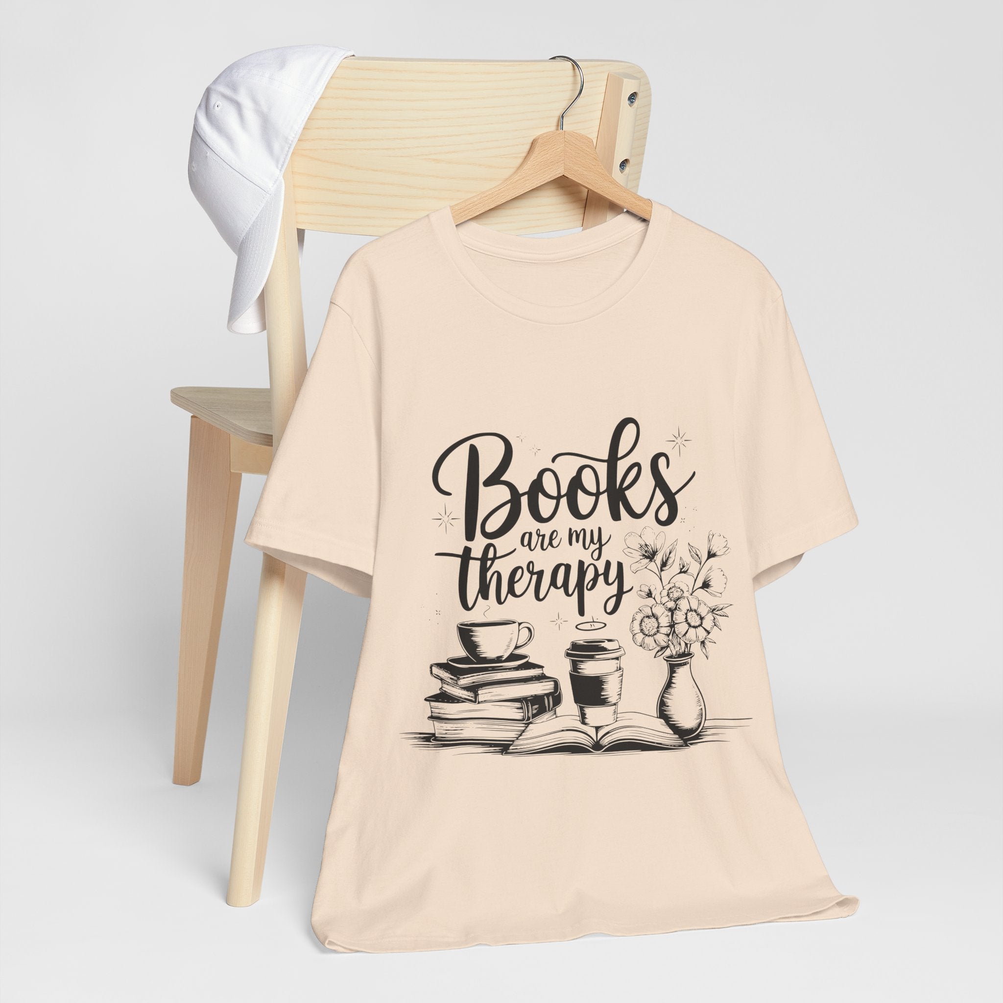 Books Are My Therapy T-Shirt — Cozy Book Lover Tee with Coffee & Flowers