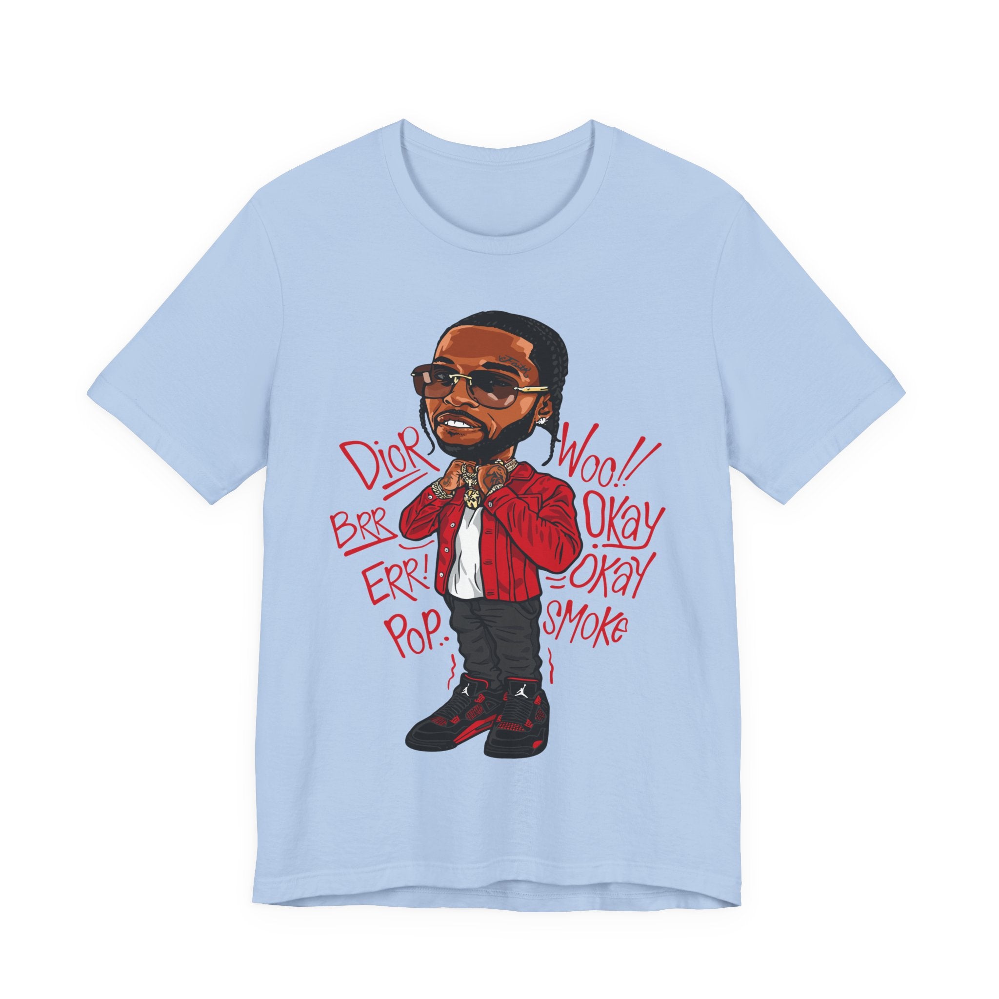 Hip-Hop Cartoon Tee — Red Jacket Rapper Illustration with Lyrics
