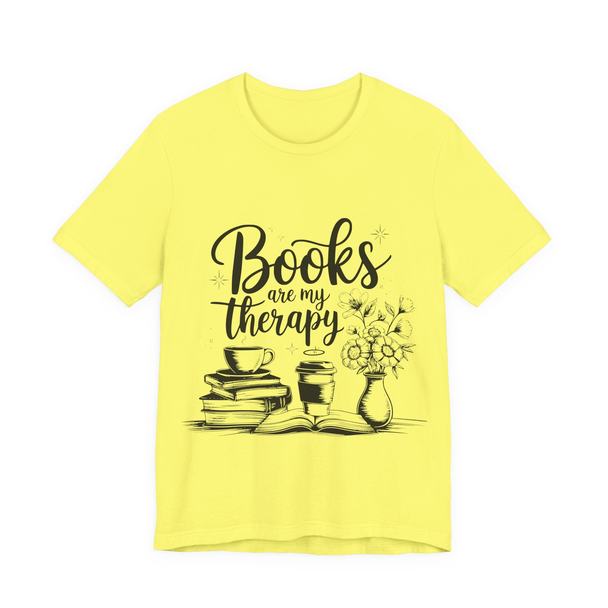 Books Are My Therapy T-Shirt — Cozy Book Lover Tee with Coffee & Flowers