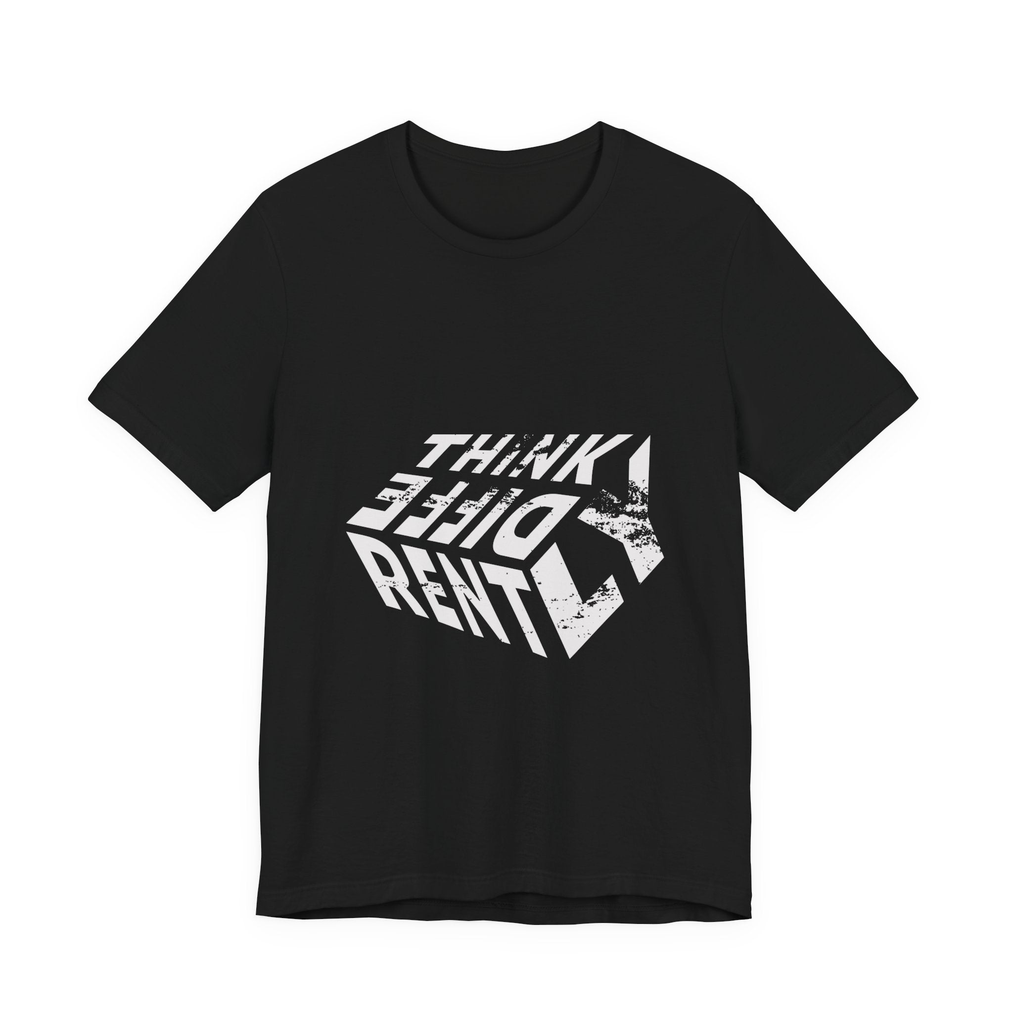 Think Different Twist Tee — Retro Optical Text Graphic T-Shirt