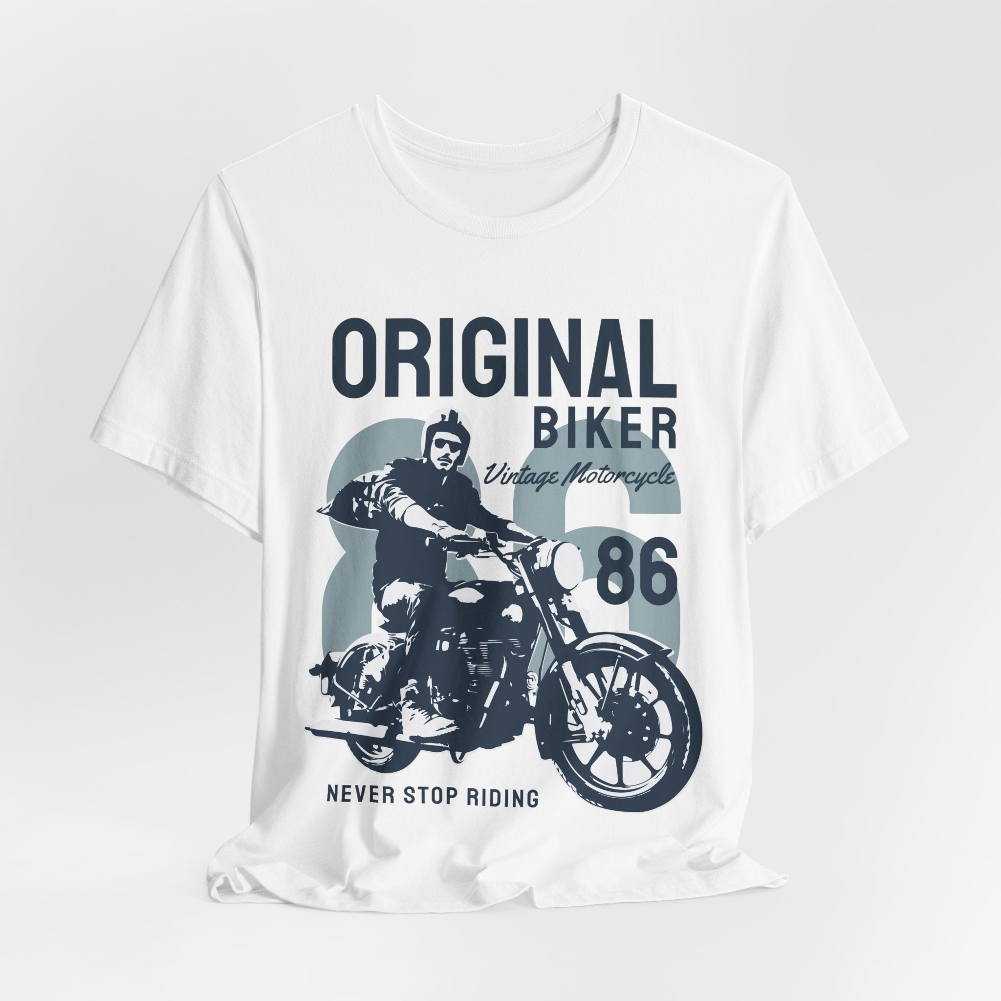 Original Biker 86 Motorcycle T-Shirt — Vintage "Never Stop Riding" Tee
