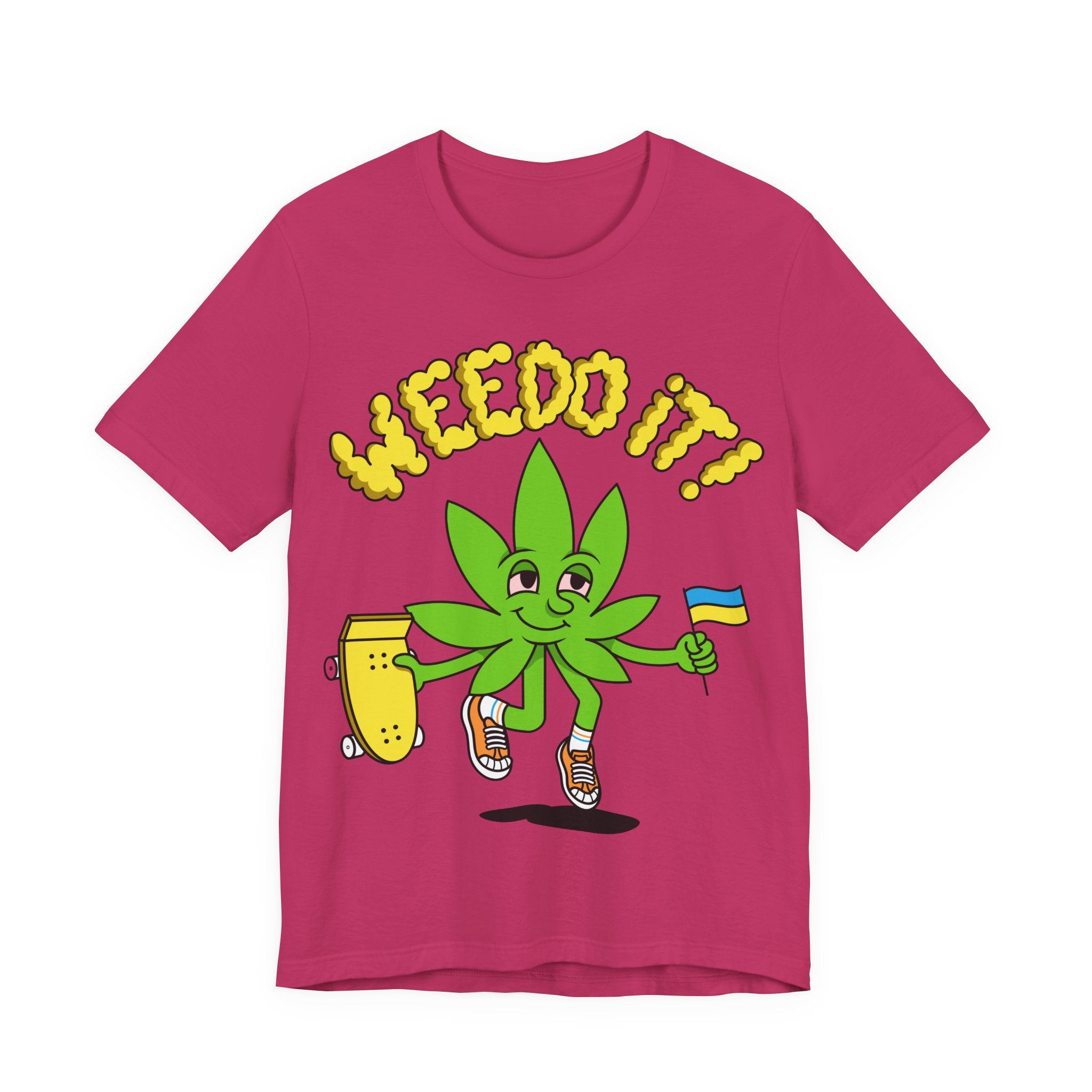 Playful Cannabis Leaf Tee — Cartoon Leaf with Flag & 'Puffs' Lettering