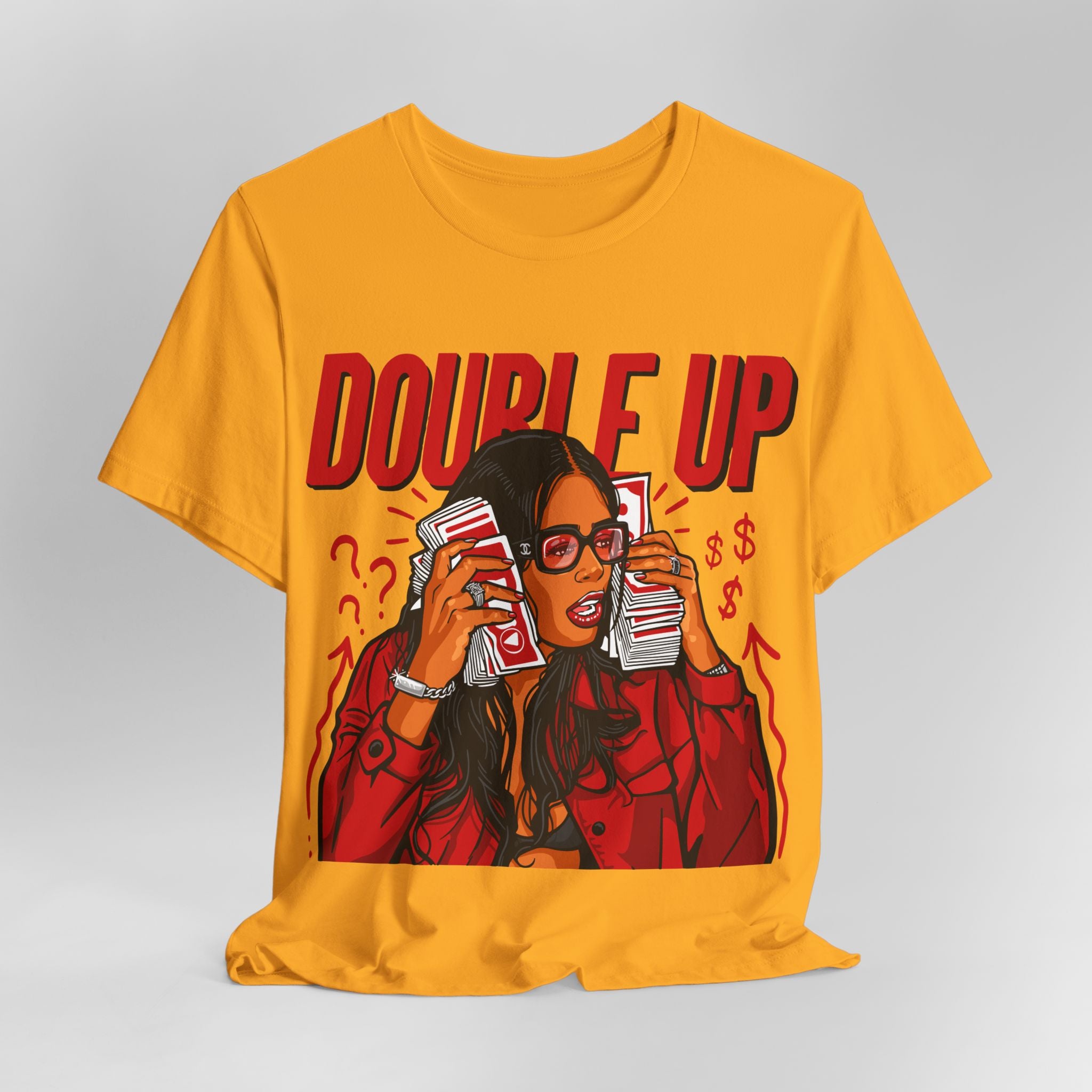 Double Up T-Shirt — Retro Pop Art Woman Holding Cash Graphic Tee