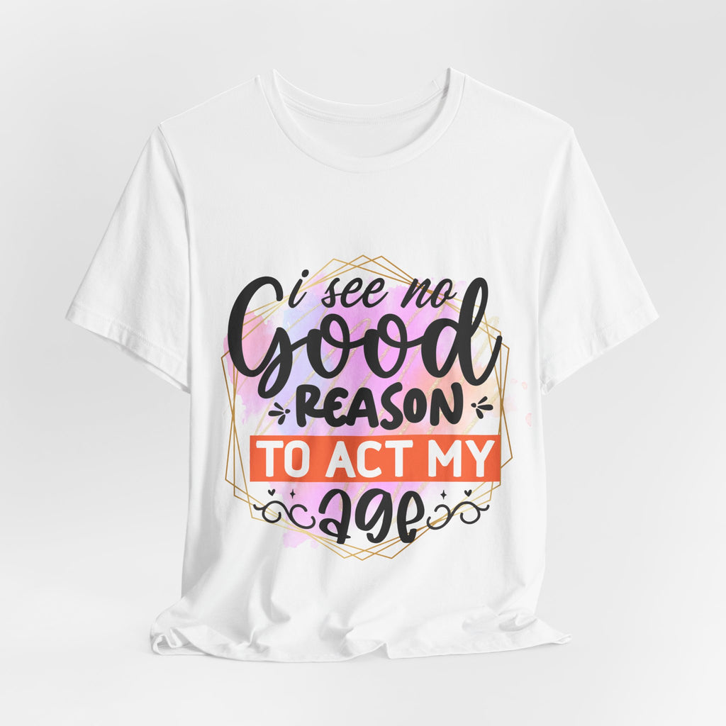 White t-shirt with colorful text design on a white background