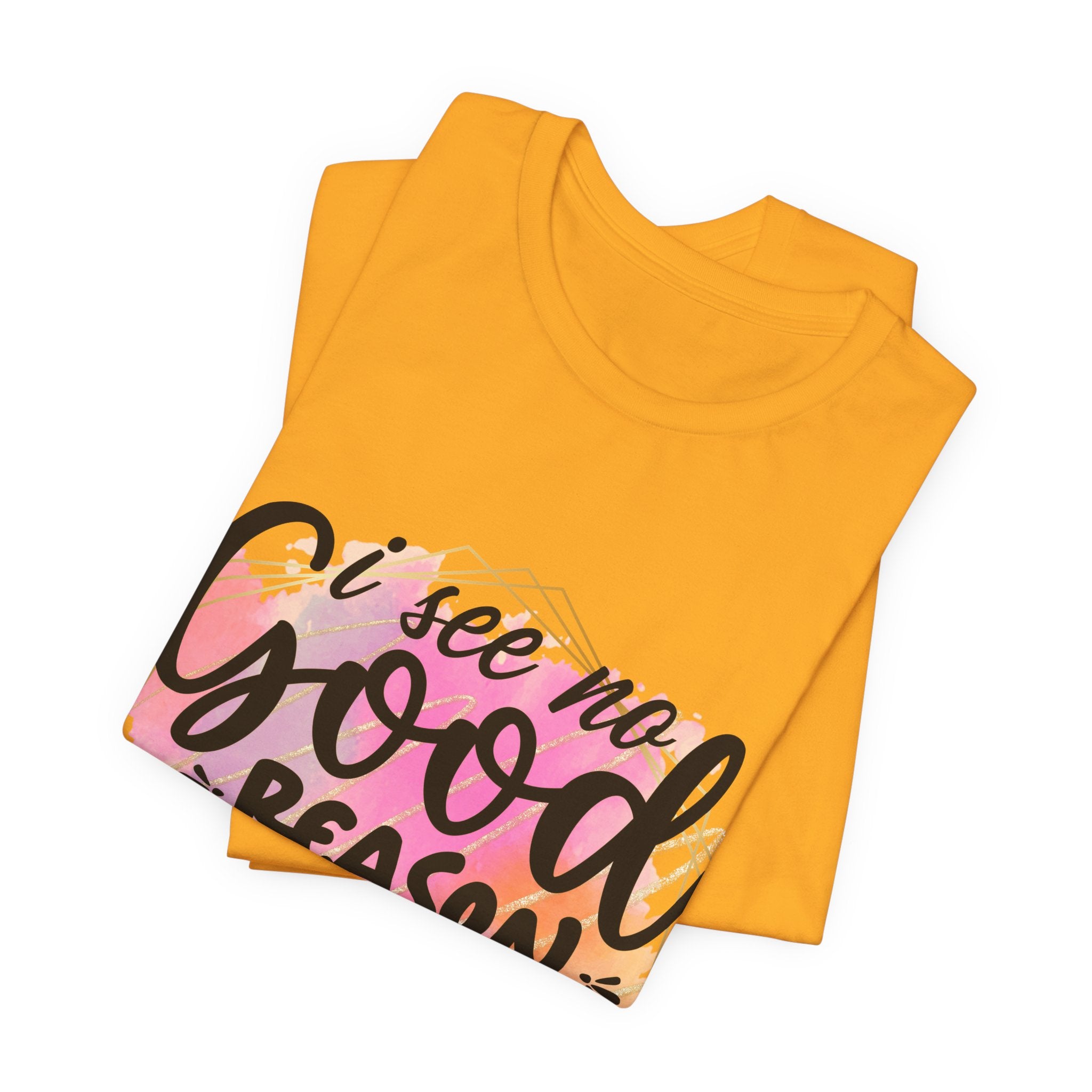 Yellow t-shirt with colorful text design on a white background