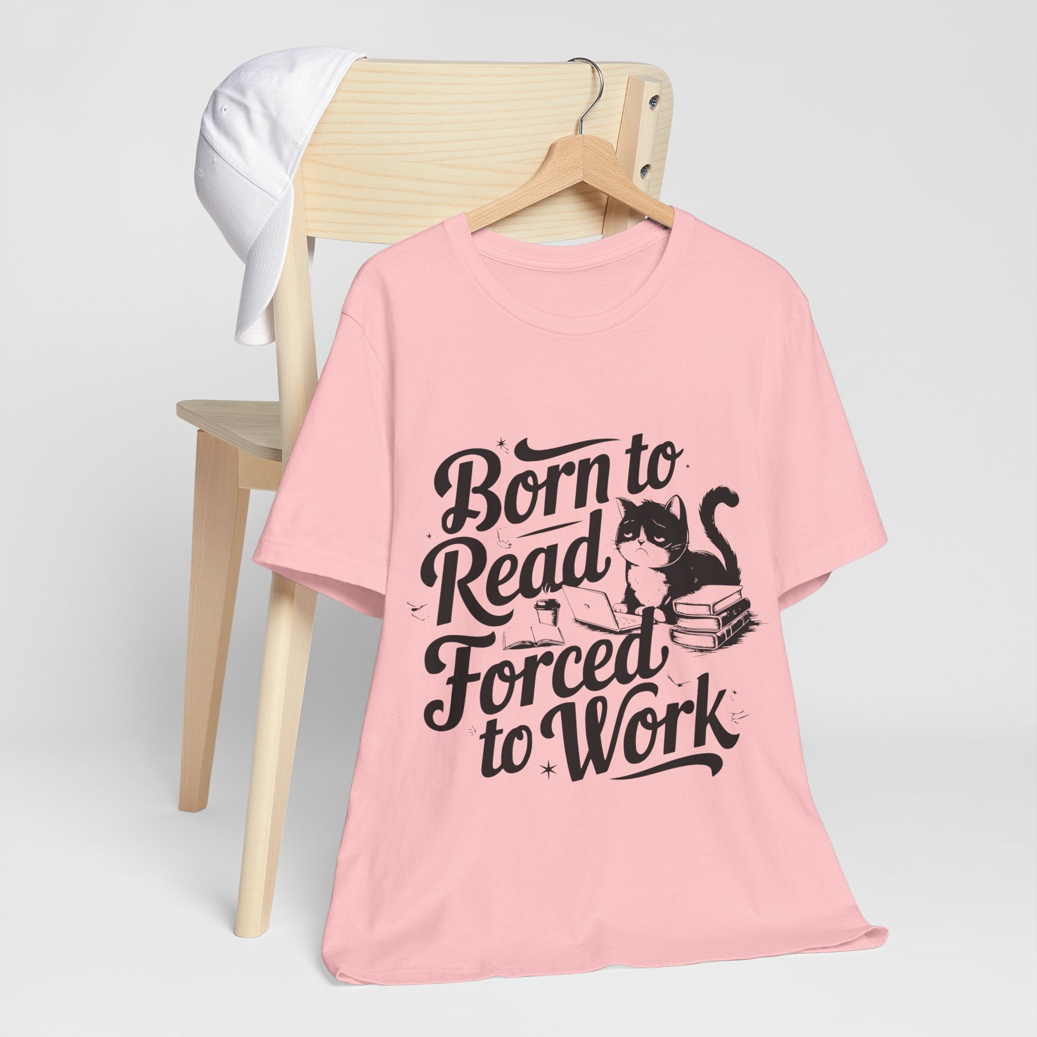 Born to Read Forced to Work Graphic Tee – Cat & Books Reader Shirt