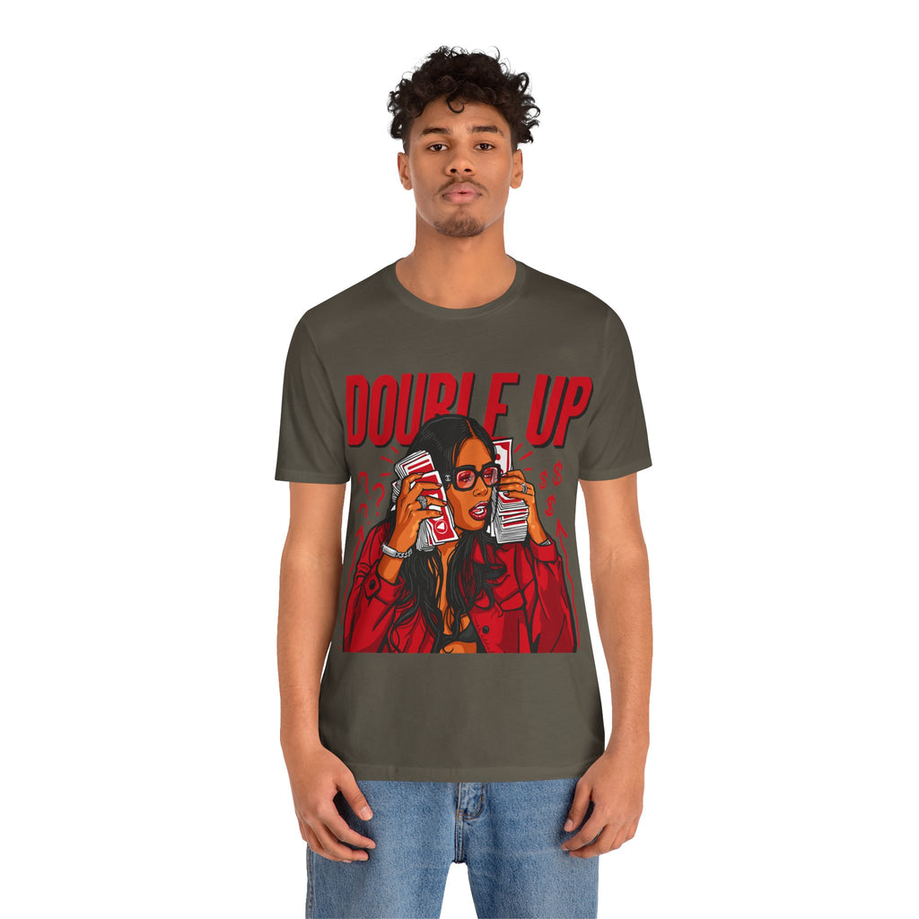 Double Up T-Shirt — Retro Pop Art Woman Holding Cash Graphic Tee